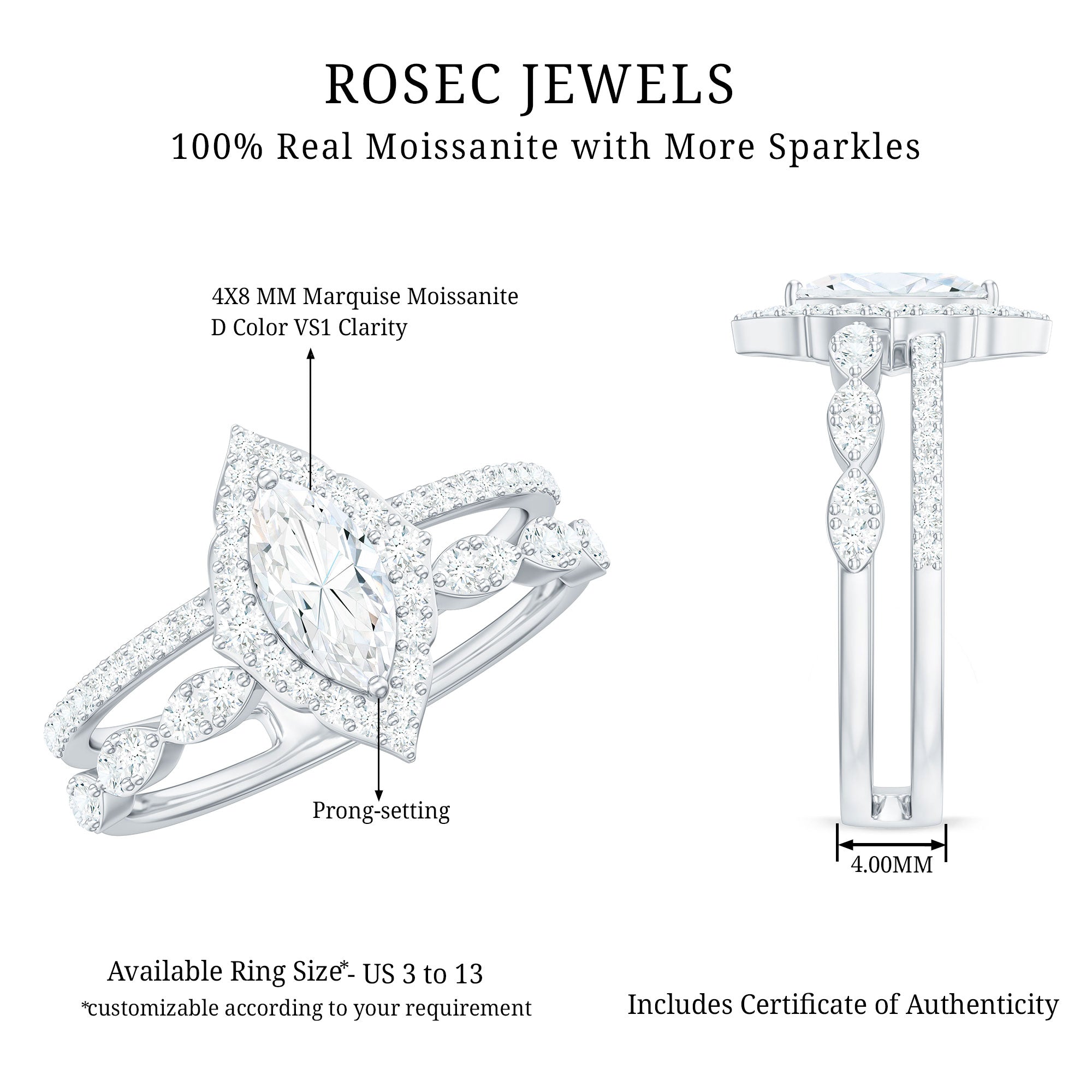 Marquise Cut Moissanite Double Band Engagement Ring with Certificate