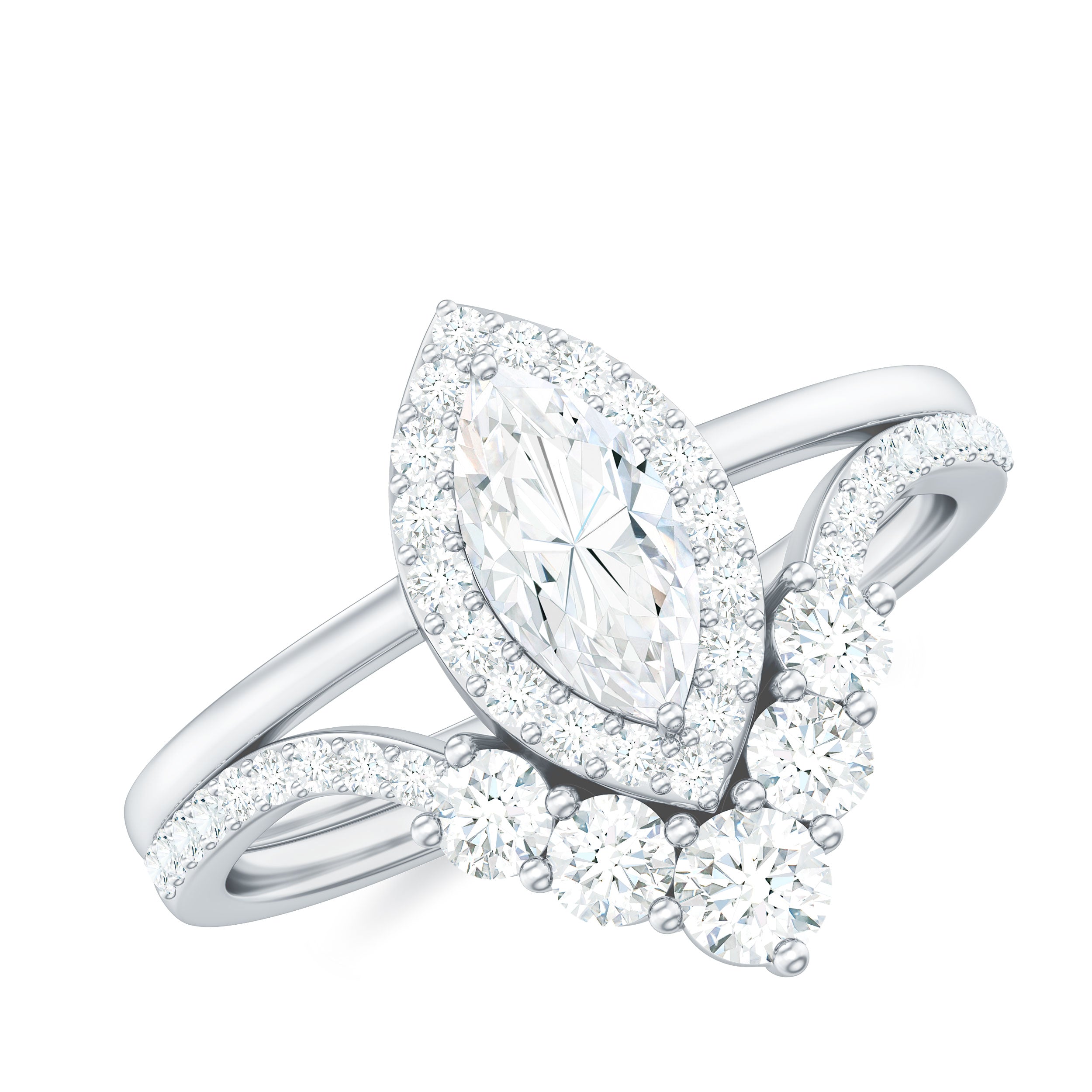 Marquise Cut Moissanite Halo Engagement Ring with Chevron Wedding Band