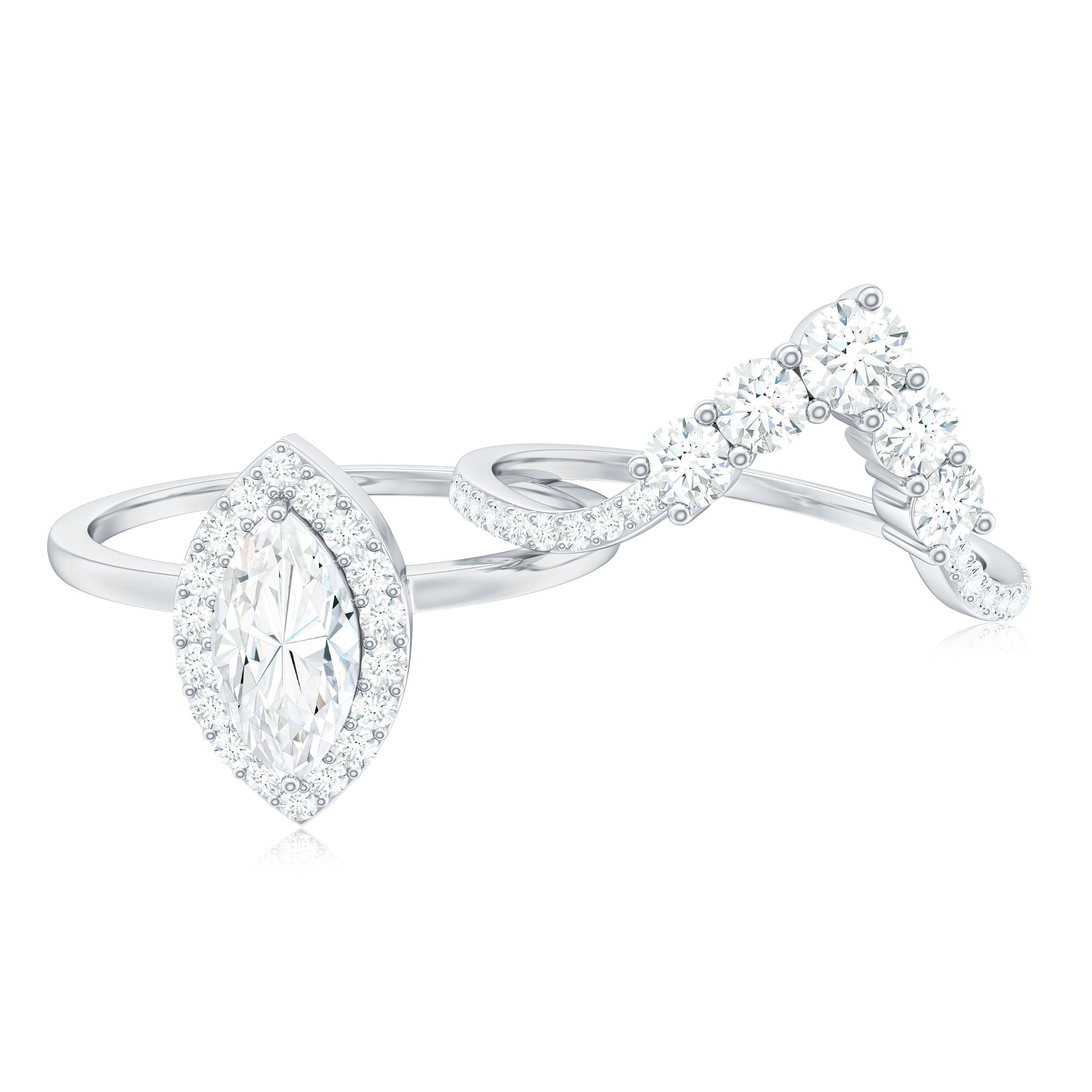 Marquise Cut Moissanite Halo Engagement Ring with Chevron Wedding Band