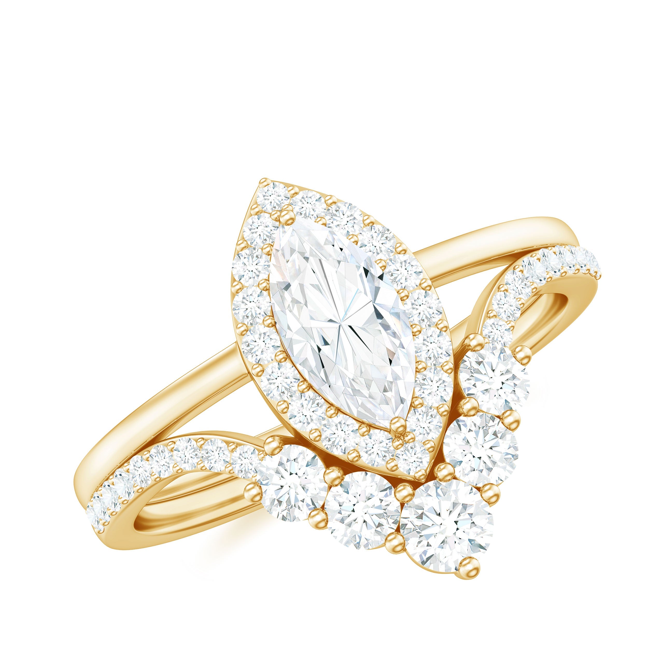 Marquise Cut Moissanite Halo Engagement Ring with Chevron Wedding Band | Rings | Wiccan Center