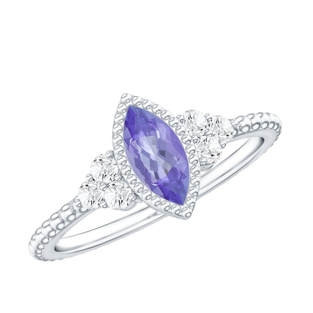 Vintage Style Marquise Tanzanite Promise Ring with Diamond Trio