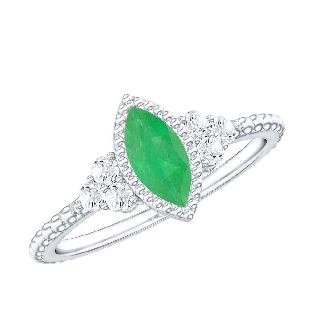 Vintage Inspired Emerald Promise Engagement Ring with Trio Diamond