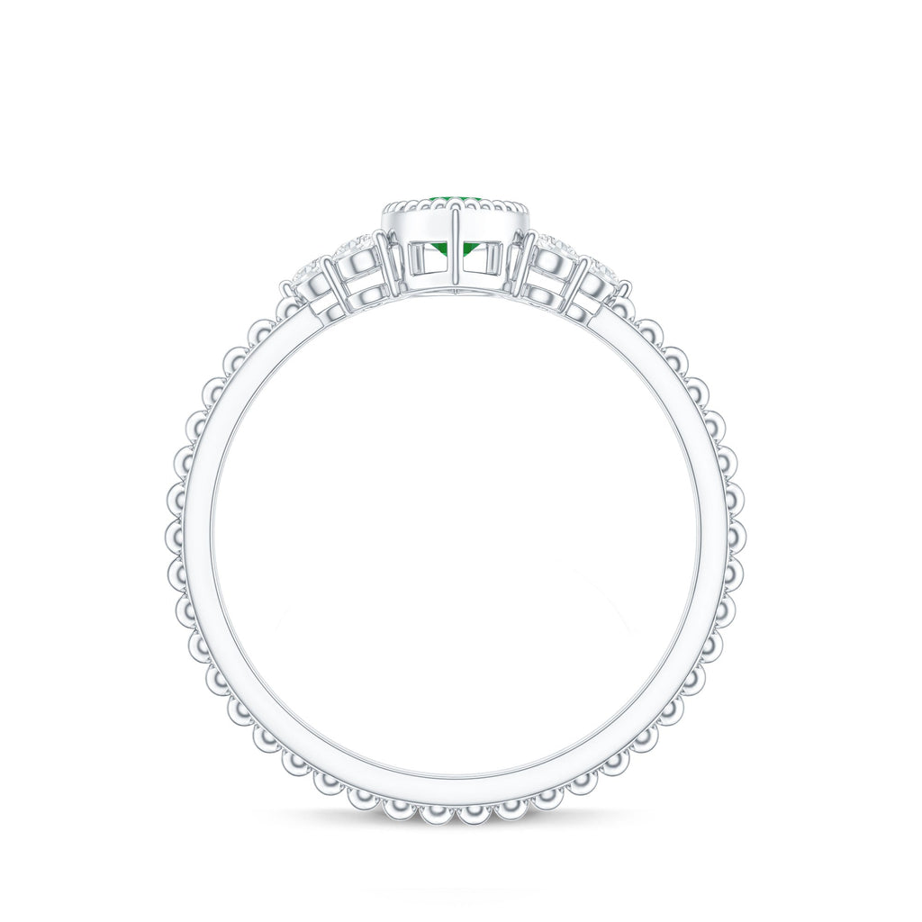 Vintage Inspired Emerald Promise Engagement Ring with Trio Diamond
