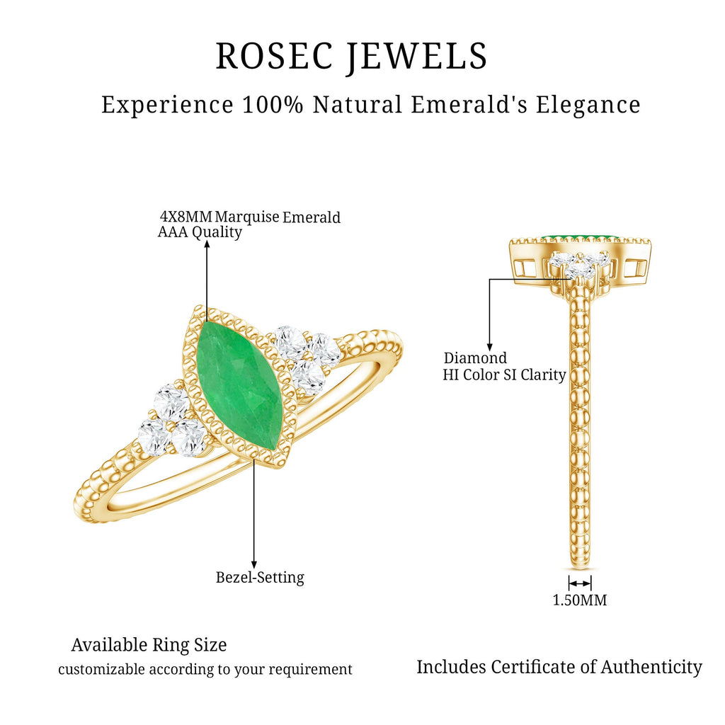 Vintage Inspired Emerald Promise Engagement Ring with Trio Diamond