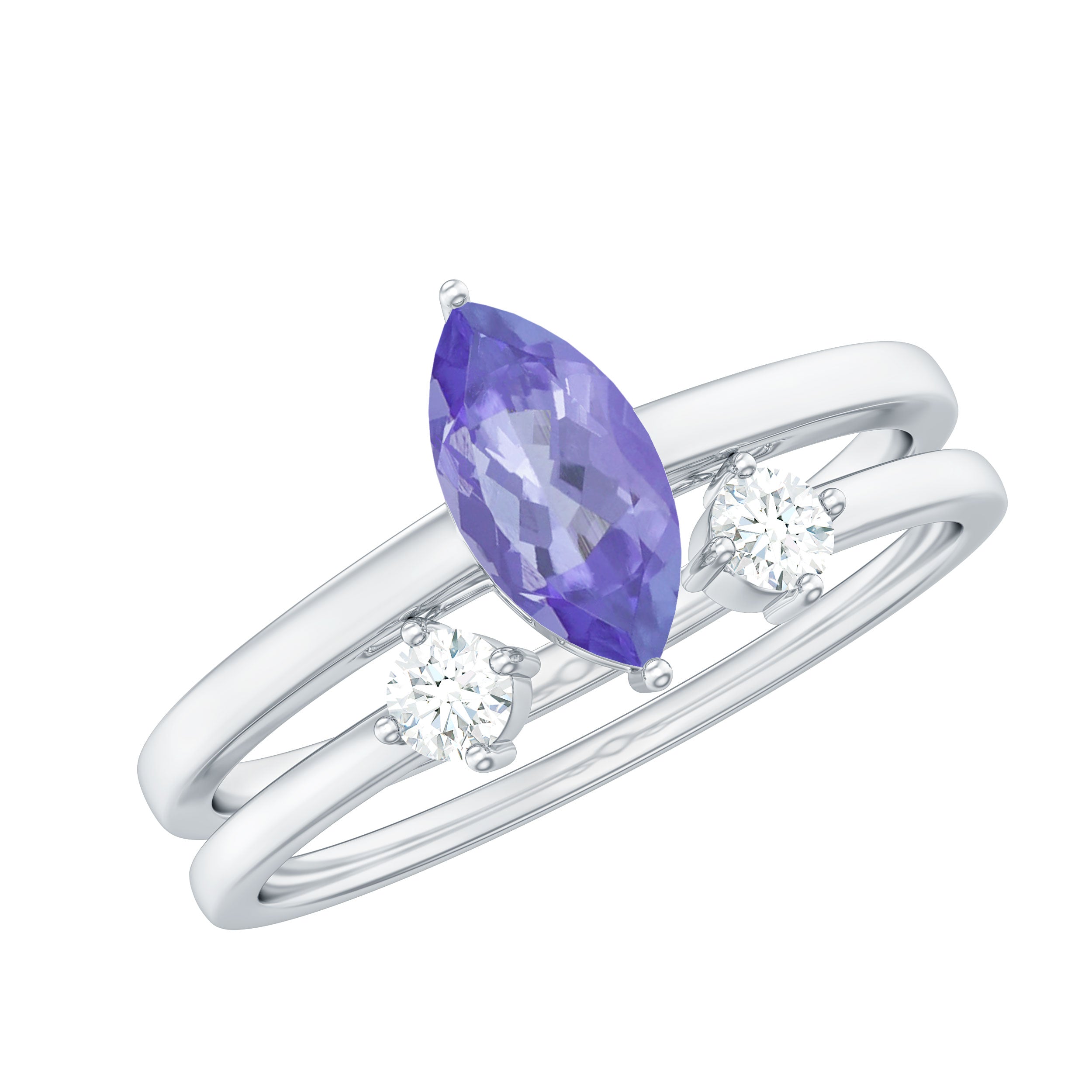 Natural 0.6 Carat Marquise Tanzanite Diamond Promise Ring Set of 2