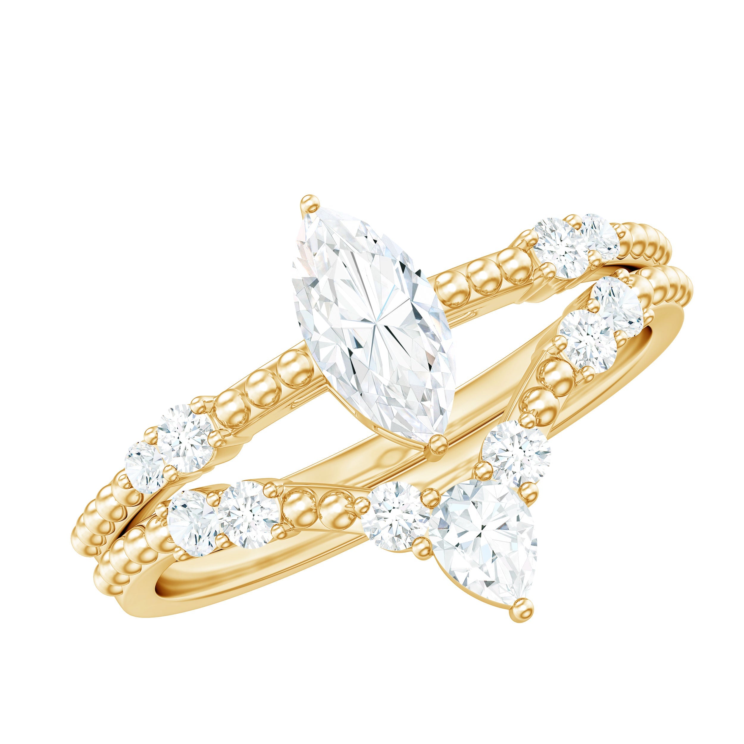 Marquise Cut Moissanite Wedding Ring Set with Beaded Detail | Rings | Wiccan Center