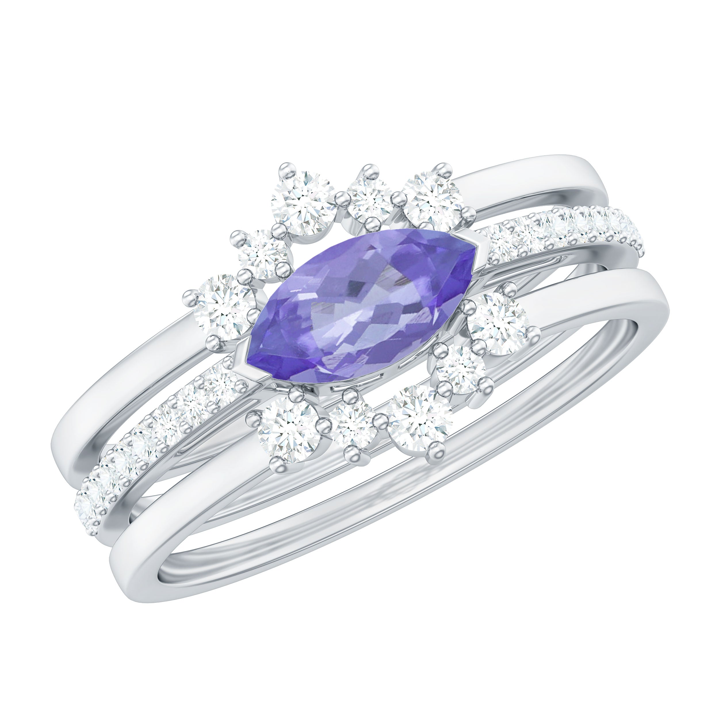 Certified 0.6 Carat Real Marquise Tanzanite 3 Piece Wedding Ring Set with Diamond