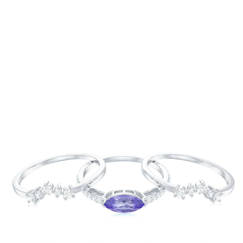 Certified 0.6 Carat Real Marquise Tanzanite 3 Piece Wedding Ring Set with Diamond