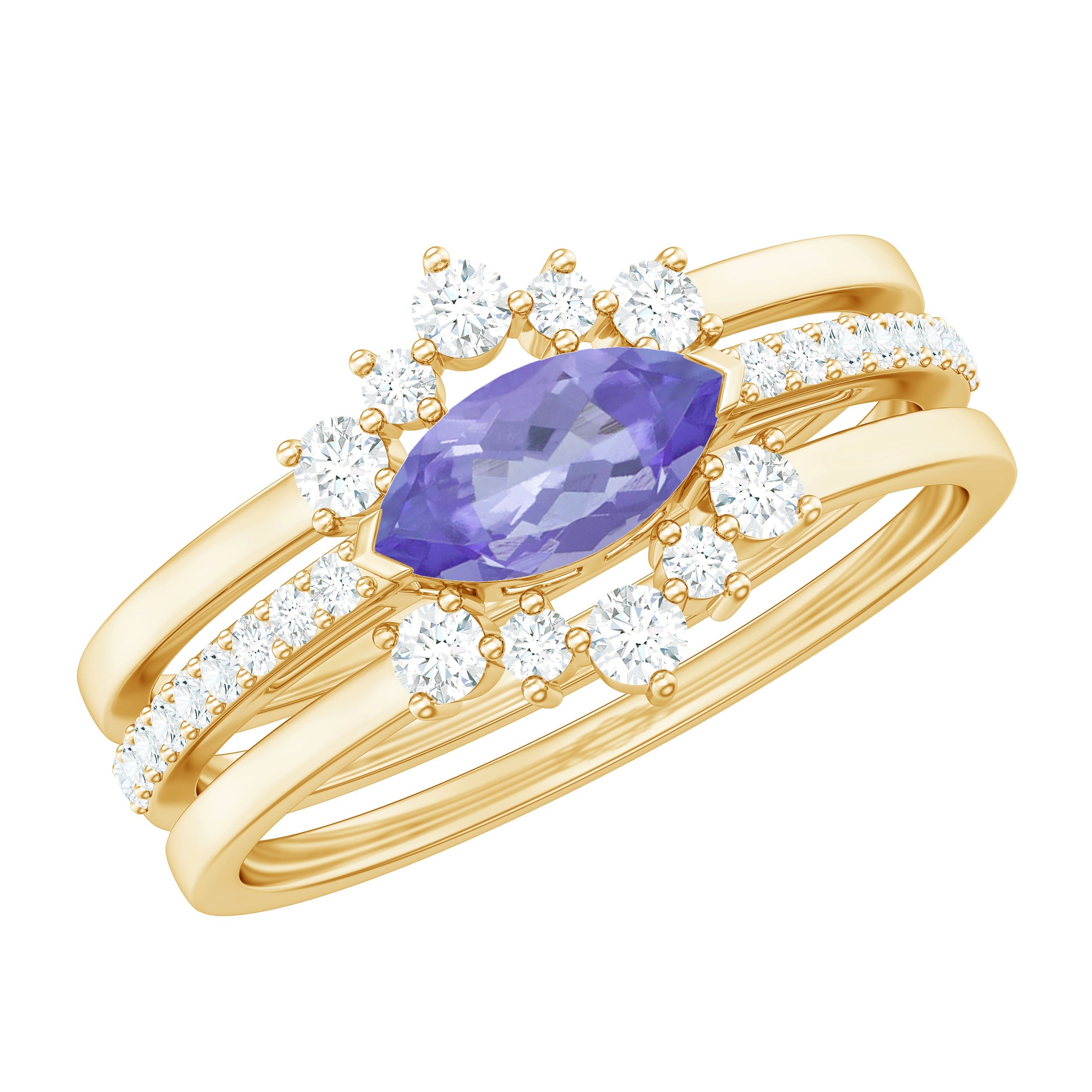 Certified 0.6 Carat Real Marquise Tanzanite 3 Piece Wedding Ring Set with Diamond | Rings | Wiccan Center