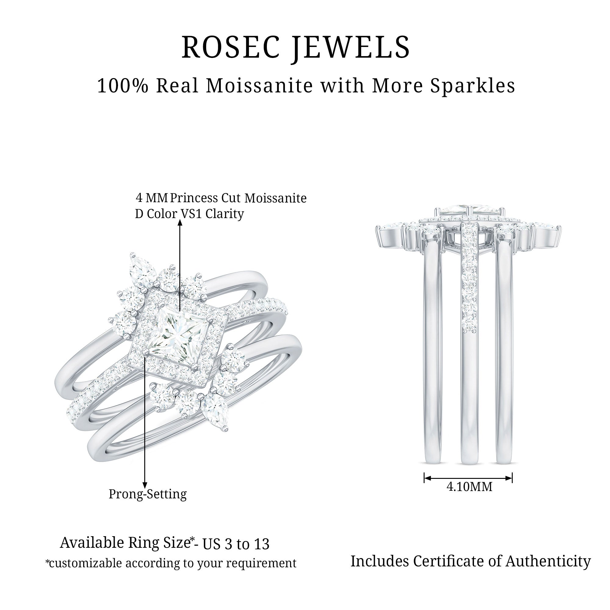 Princess Cut Moissanite Trio Bridal Ring Set with Certificate