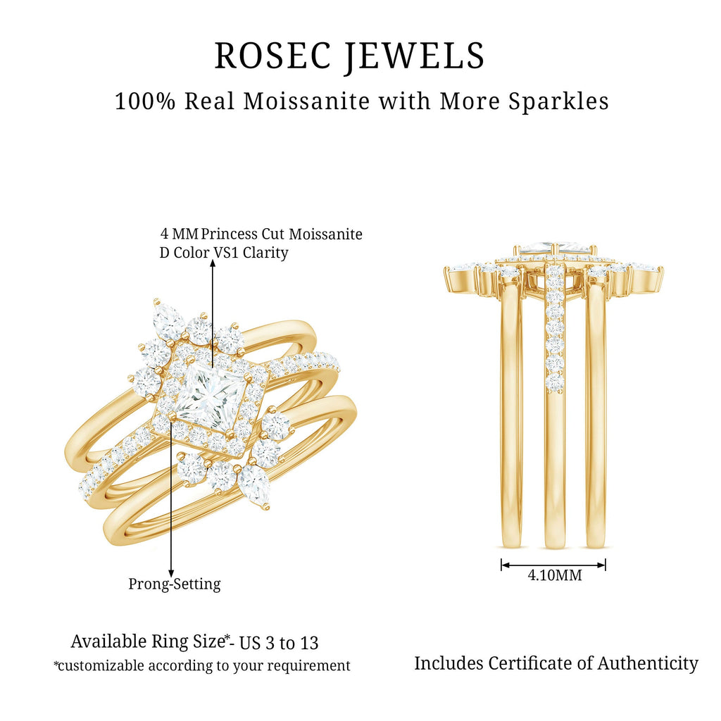 Princess Cut Moissanite Trio Bridal Ring Set with Certificate