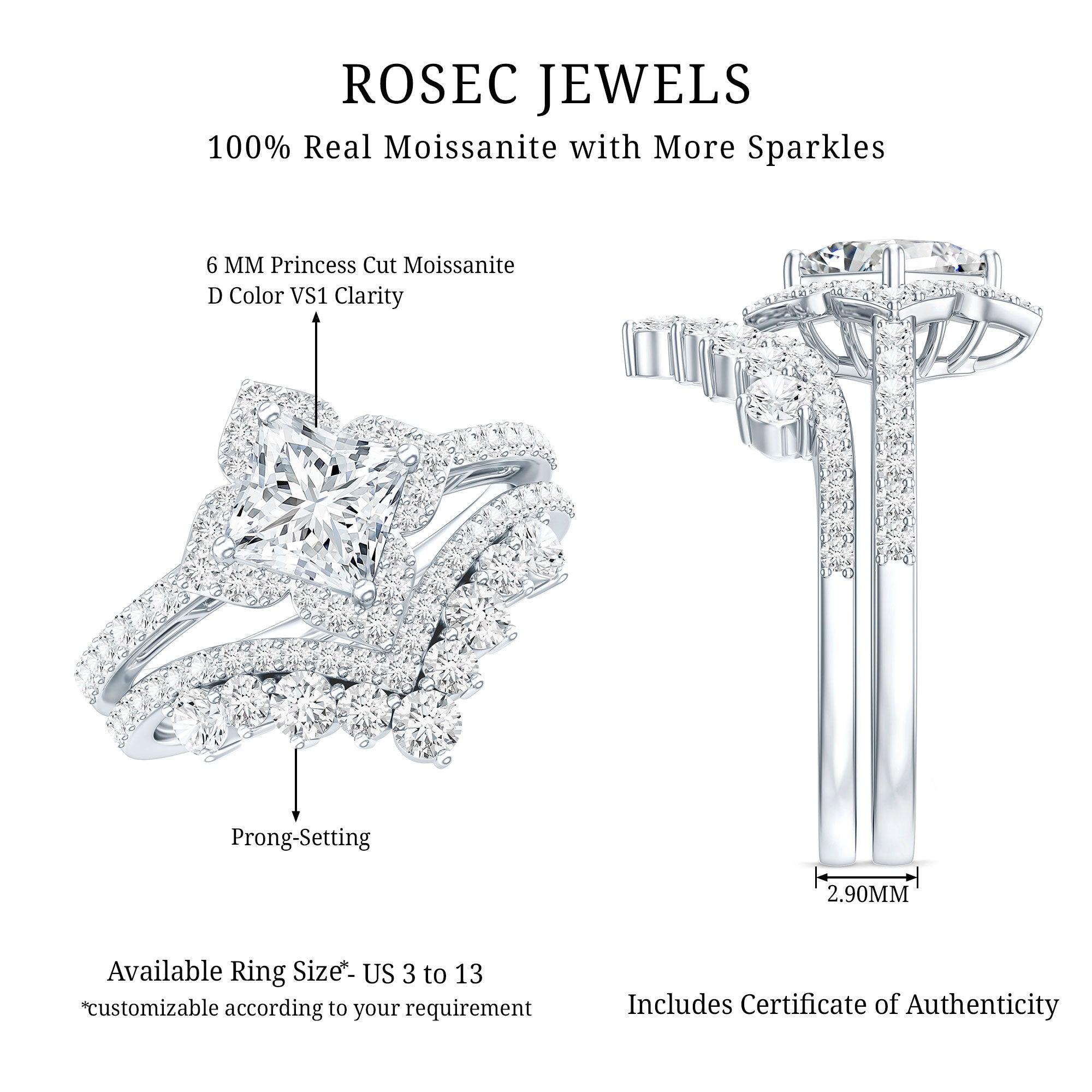 Certified Moissanite Statement Wedding Ring Set