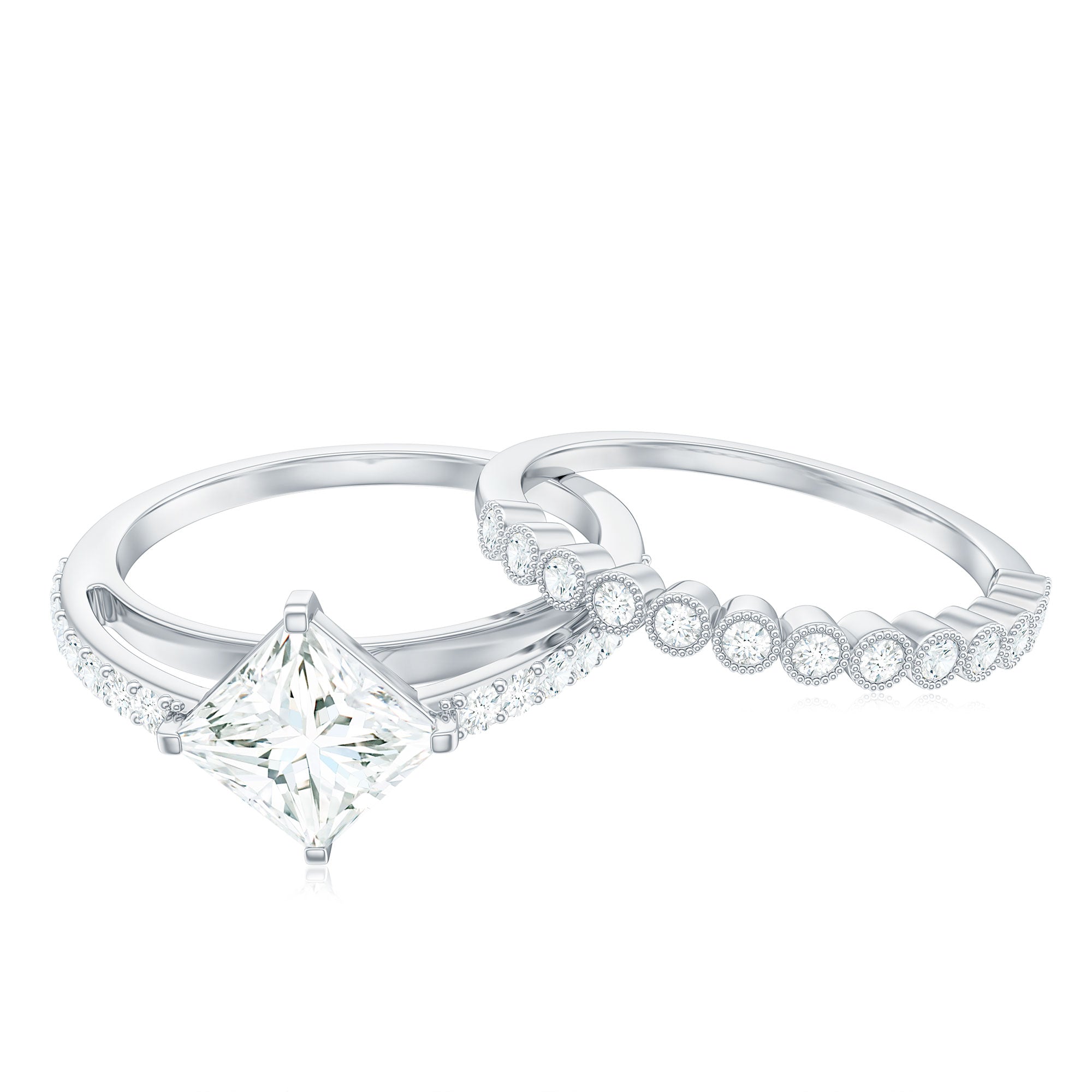 Princess Cut Moissanite Engagement Ring with Wedding Band Set