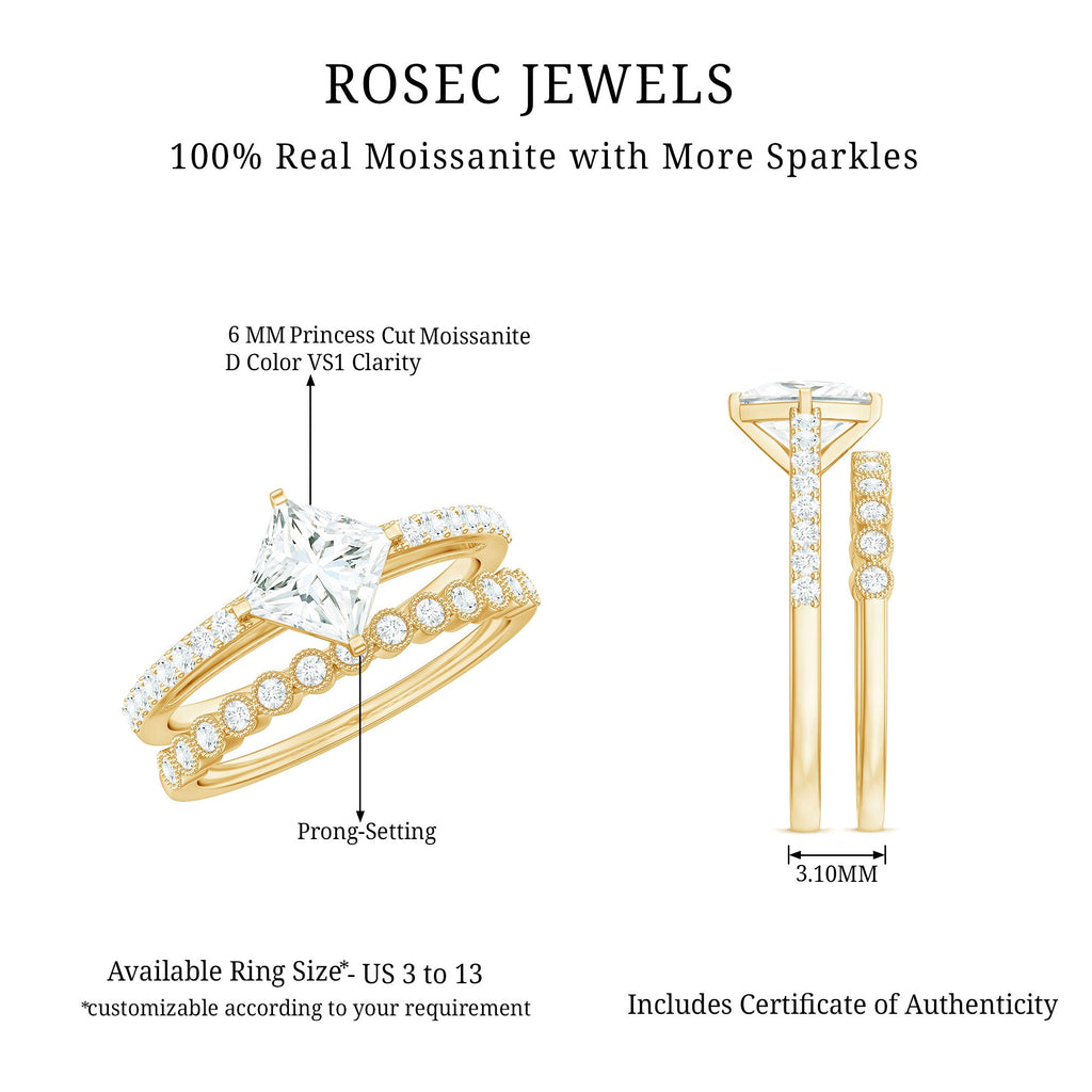 Princess Cut Moissanite Engagement Ring with Wedding Band Set