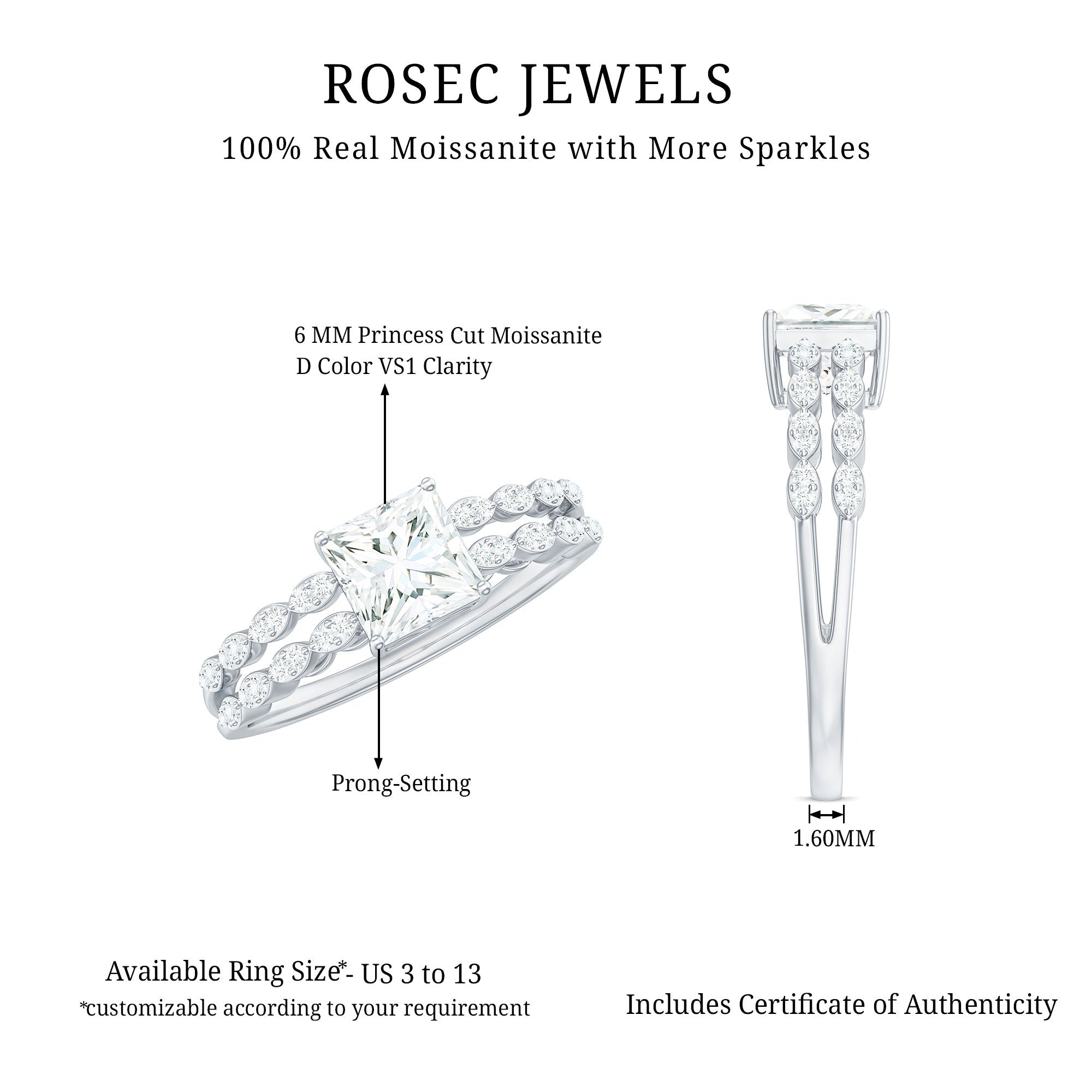 Certified Moissanite Princess Cut Engagement Ring in Double Band