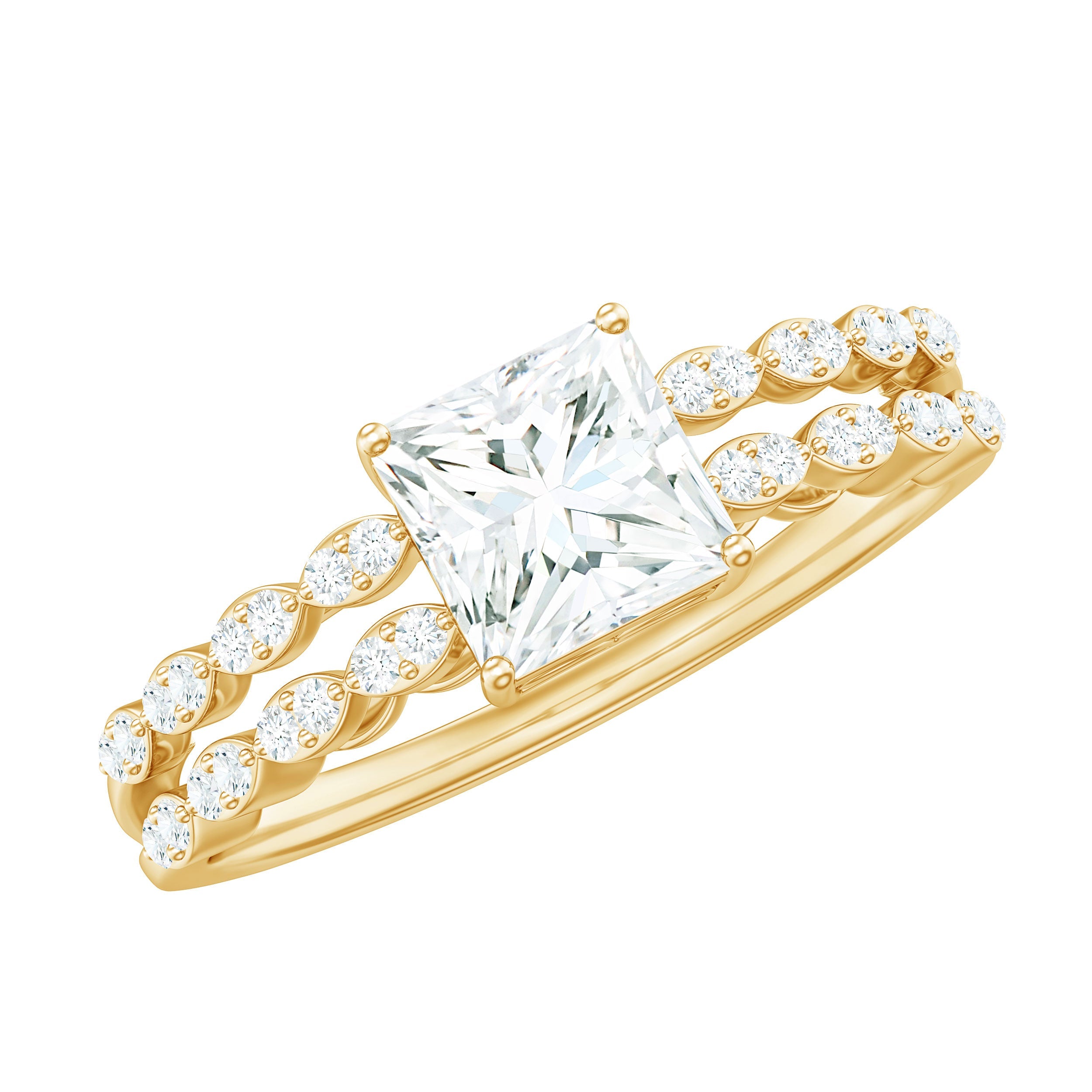 Certified Moissanite Princess Cut Engagement Ring in Double Band | Rings | Wiccan Center