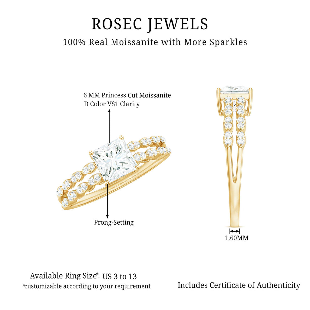 Certified Moissanite Princess Cut Engagement Ring in Double Band