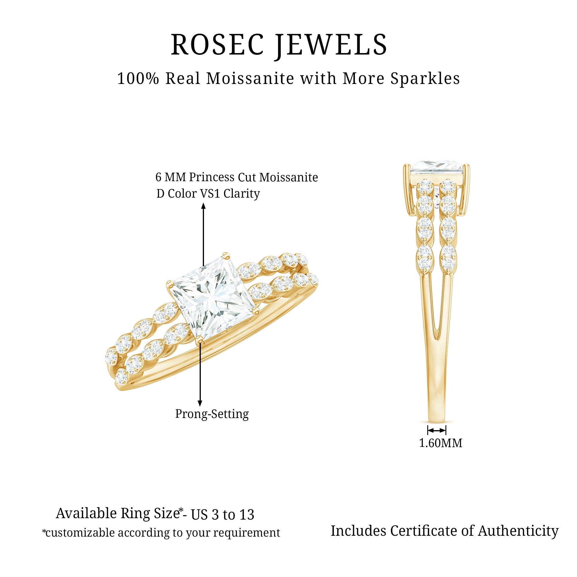 Certified Moissanite Princess Cut Engagement Ring in Double Band
