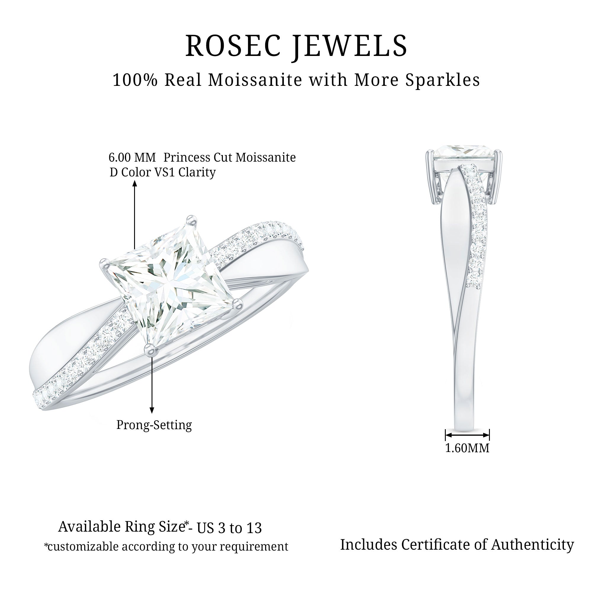 Solitaire Moissanite Princess Cut Engagement Ring