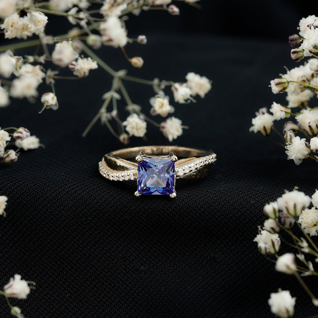 Certified 1.5 Carat Lab Grown Blue Sapphire Princess Cut Engagement Ring with Diamond