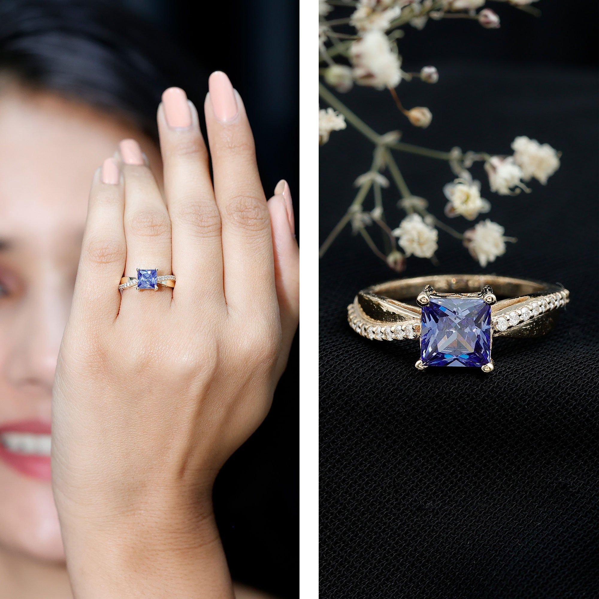 Certified 1.5 Carat Lab Grown Blue Sapphire Princess Cut Engagement Ring with Diamond