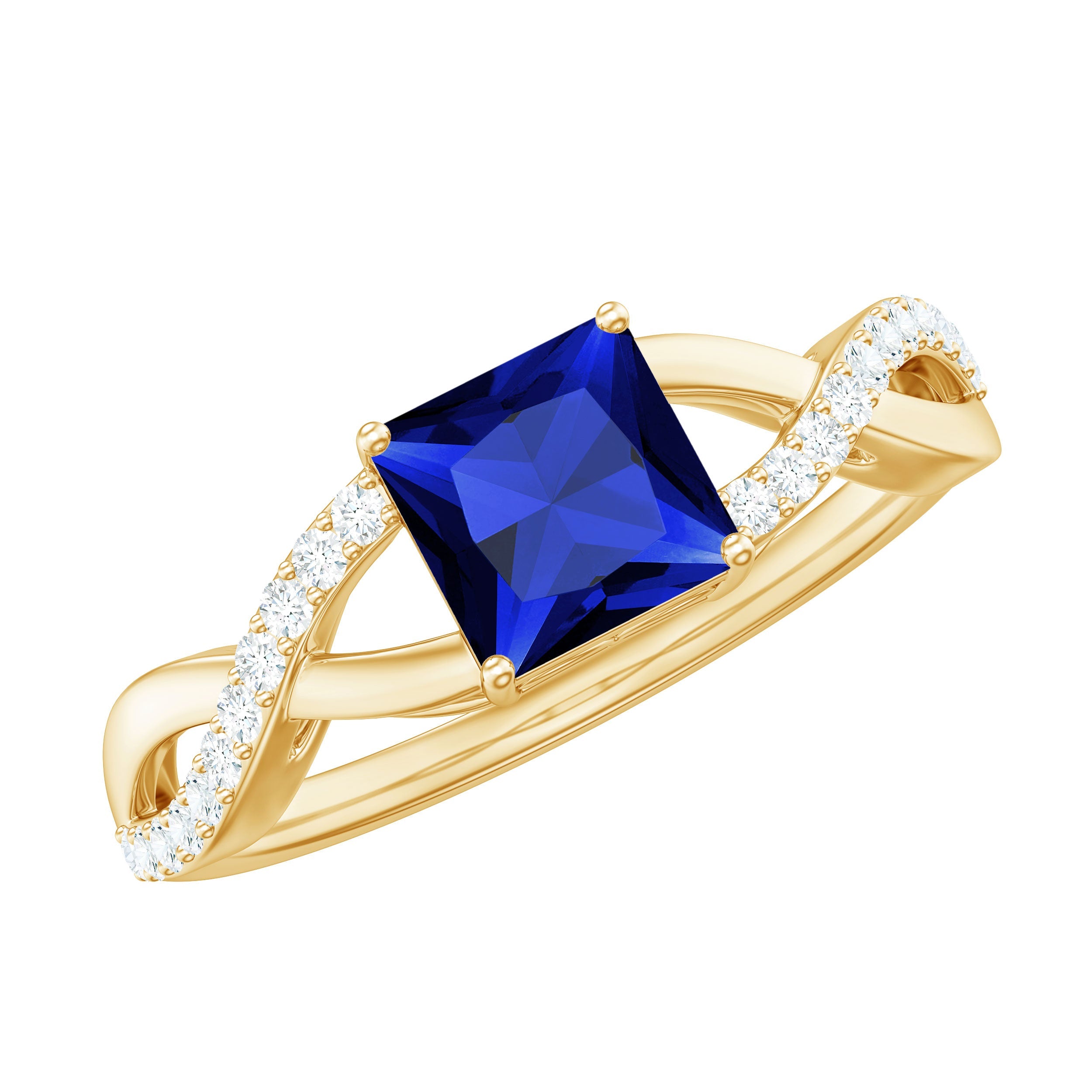 1.5 Carat Lab Grown Blue Sapphire Princess Cut Engagement Ring with Diamond Crossover Shank | Rings | Wiccan Center