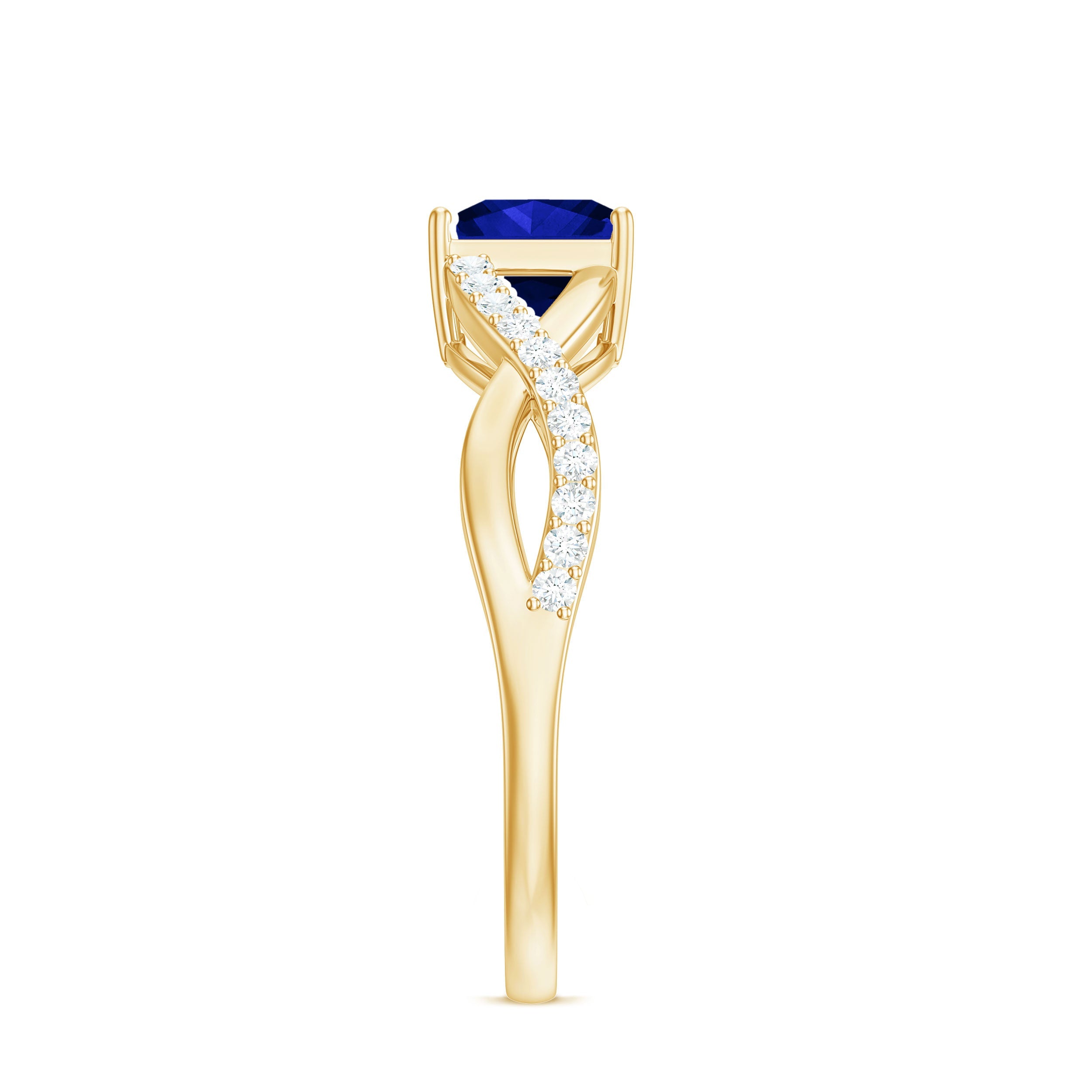 1.5 Carat Lab Grown Blue Sapphire Princess Cut Engagement Ring with Diamond Crossover Shank