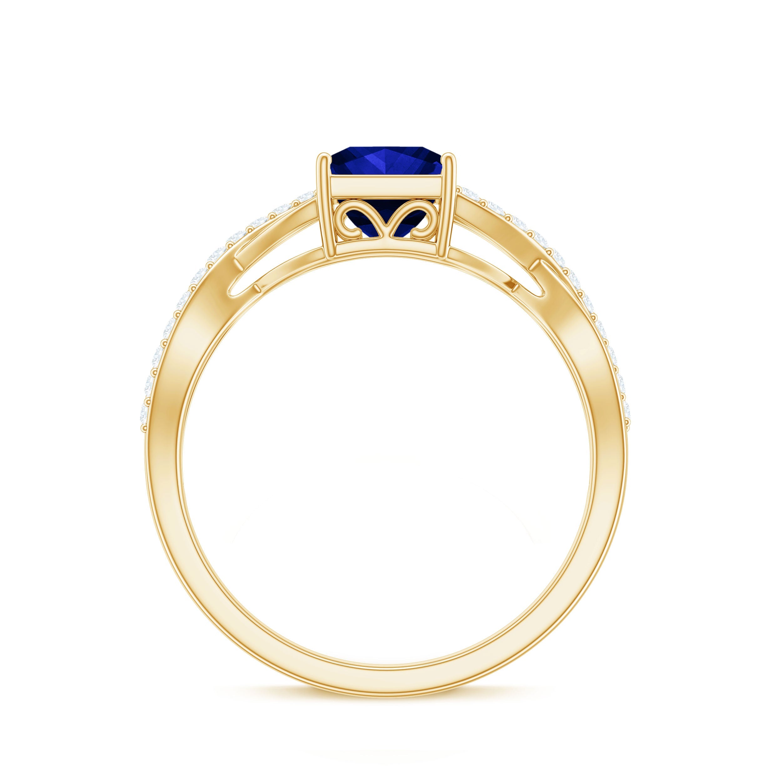 1.5 Carat Lab Grown Blue Sapphire Princess Cut Engagement Ring with Diamond Crossover Shank