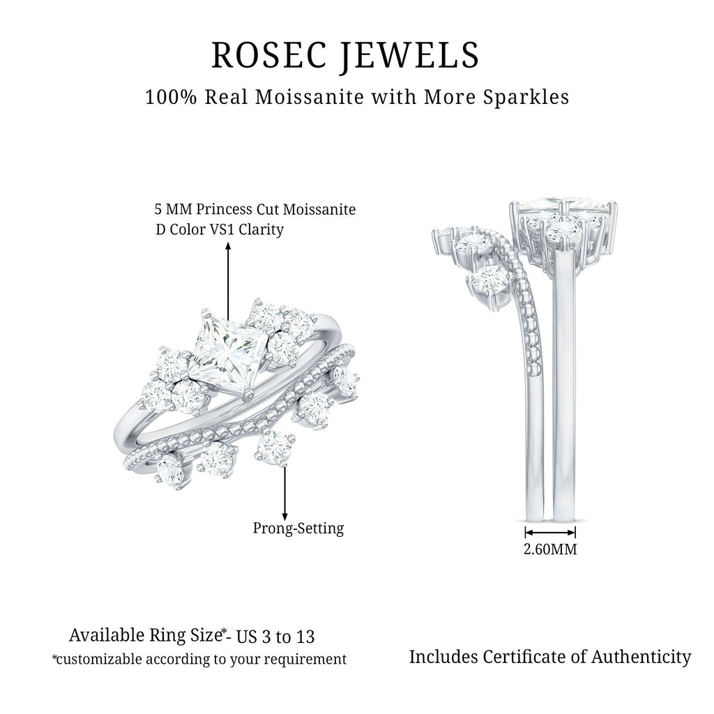 Princess and Round Cut Moissanite Wedding Ring Set