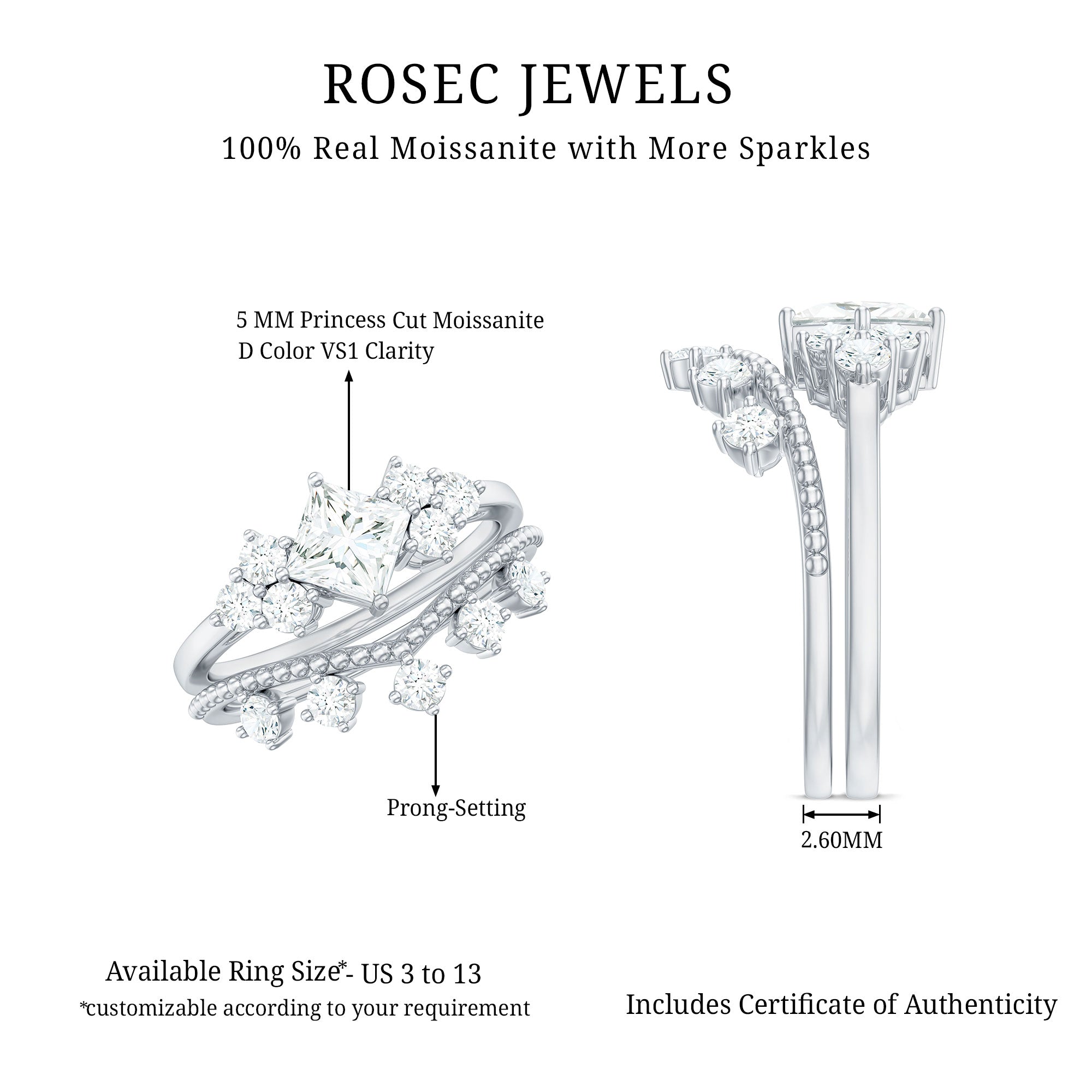 Princess and Round Cut Moissanite Wedding Ring Set