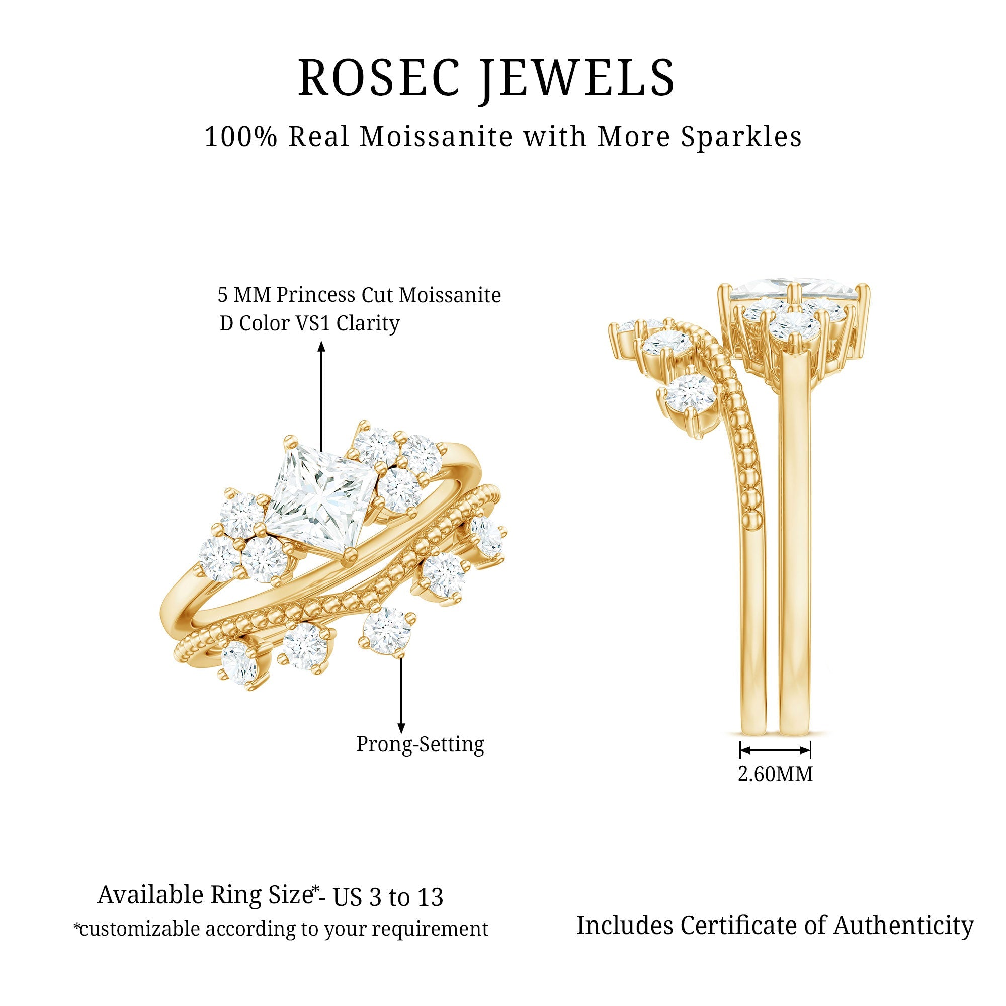 Princess and Round Cut Moissanite Wedding Ring Set