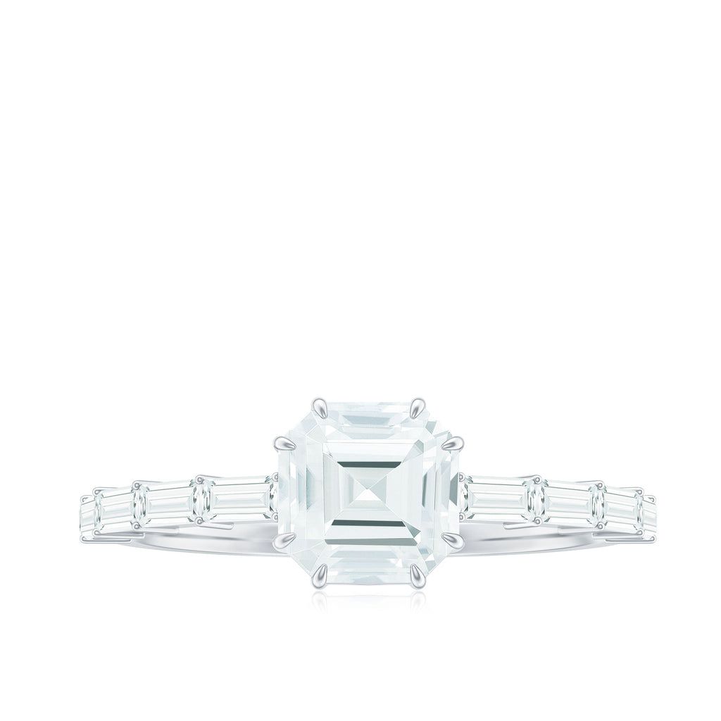 Asscher Cut Moissanite Engagement Ring with Baguette Side Stones