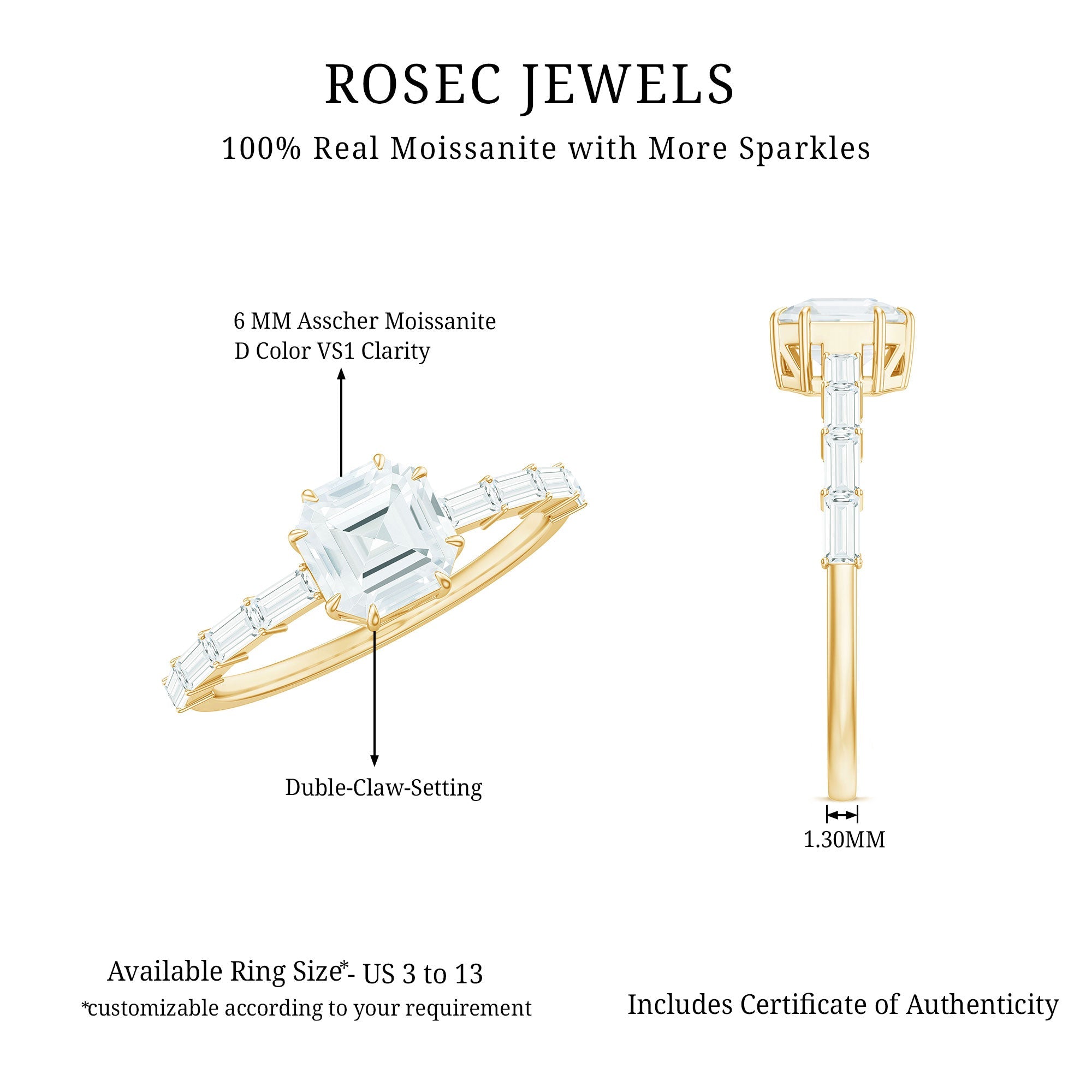 Asscher Cut Moissanite Engagement Ring with Baguette Side Stones