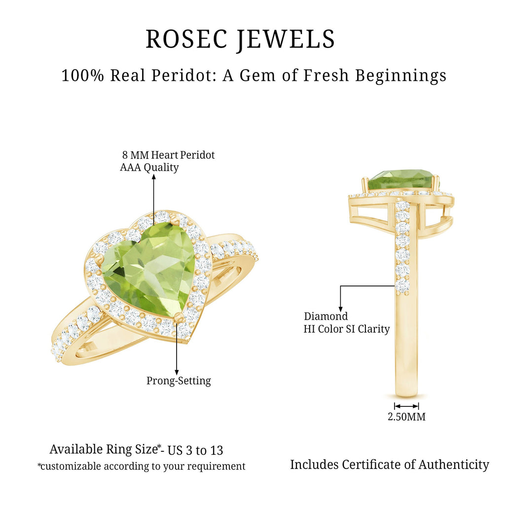 Natural 2 Carat Peridot Heart Engagement Ring with Diamond Halo