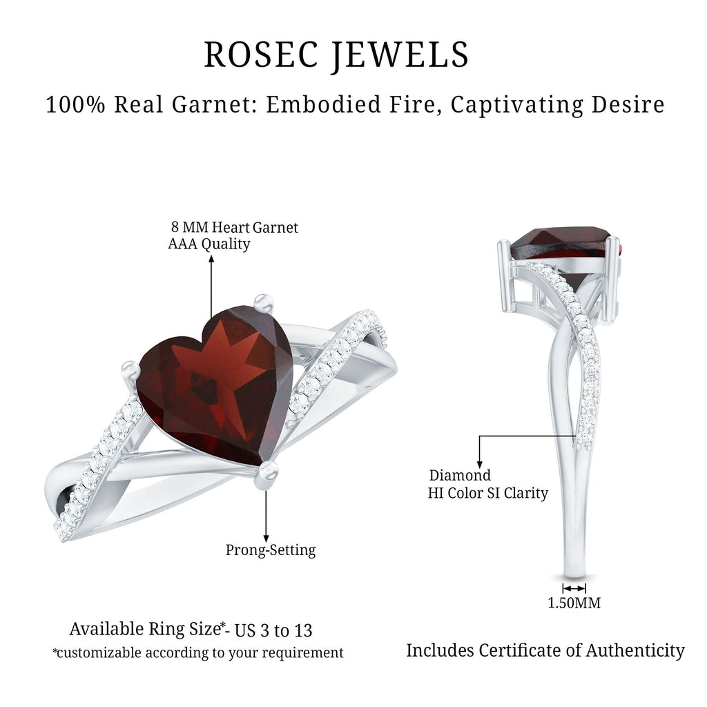 Natural Garnet Heart Shaped Engagement Ring with Diamond Crossover Shank