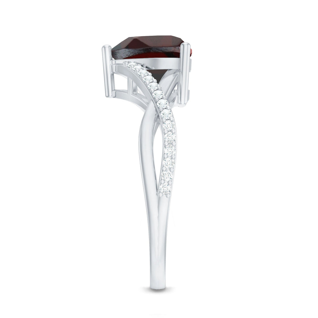 Natural Garnet Heart Shaped Engagement Ring with Diamond Crossover Shank
