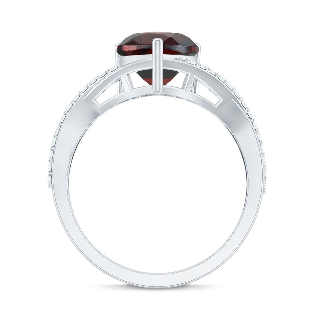 Natural Garnet Heart Shaped Engagement Ring with Diamond Crossover Shank