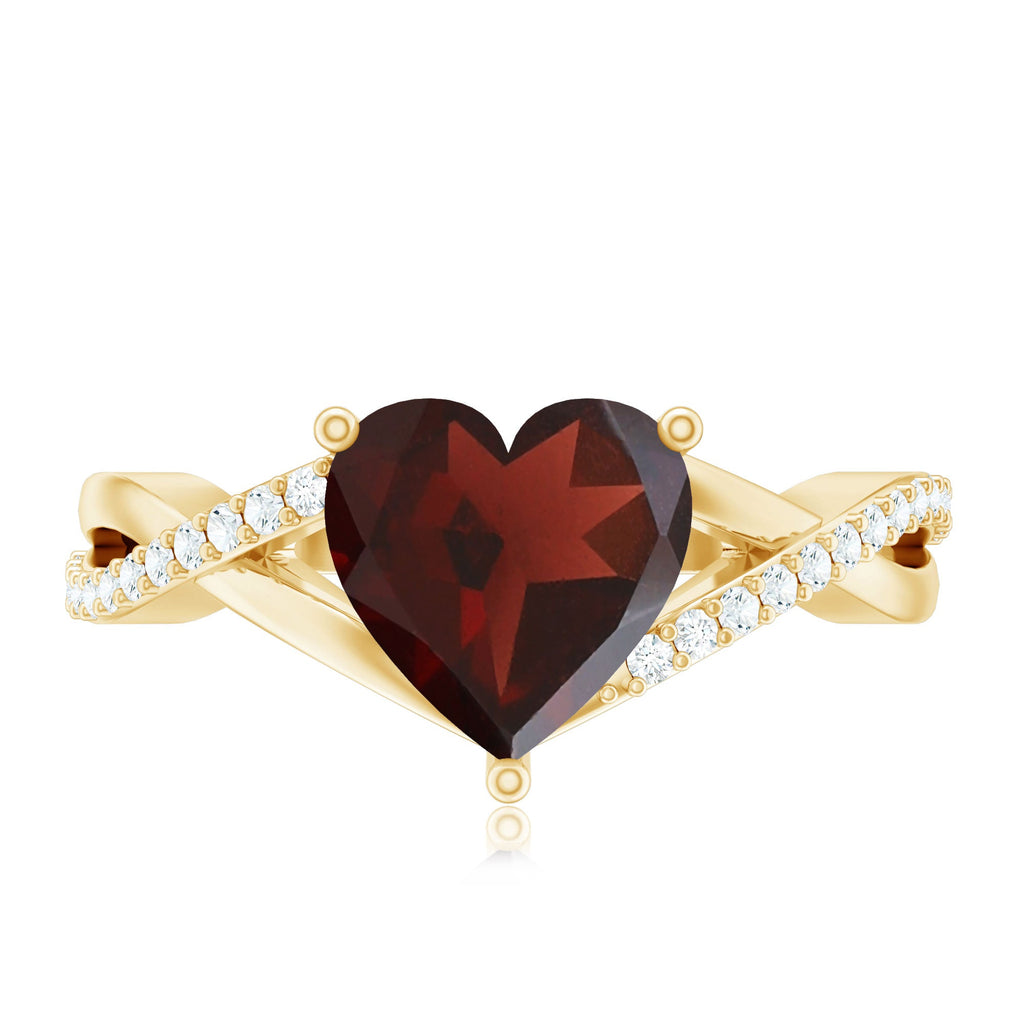 Natural Garnet Heart Shaped Engagement Ring with Diamond Crossover Shank