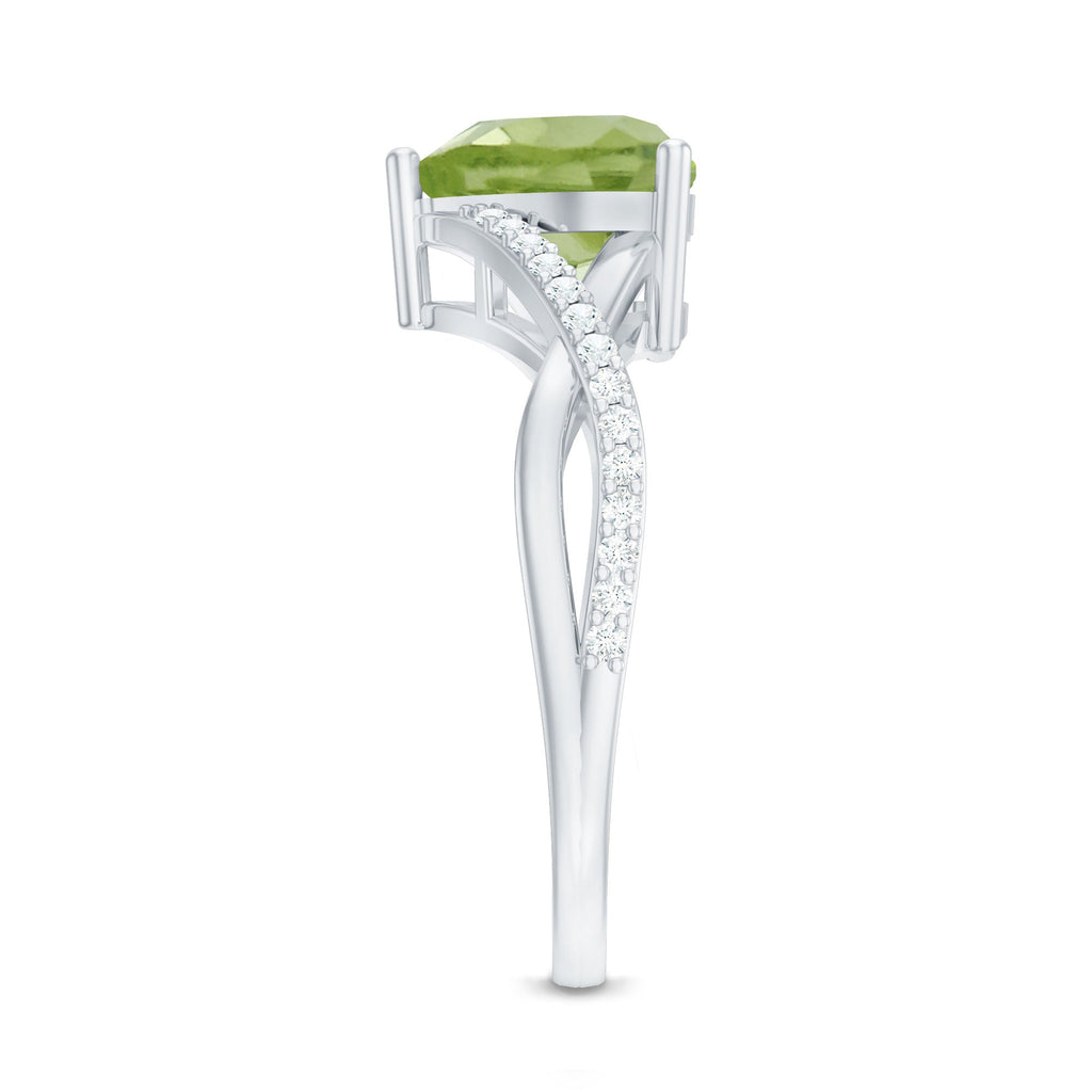 Natural 2 Carat Peridot Heart Engagement Ring with Diamond Crossover Shank