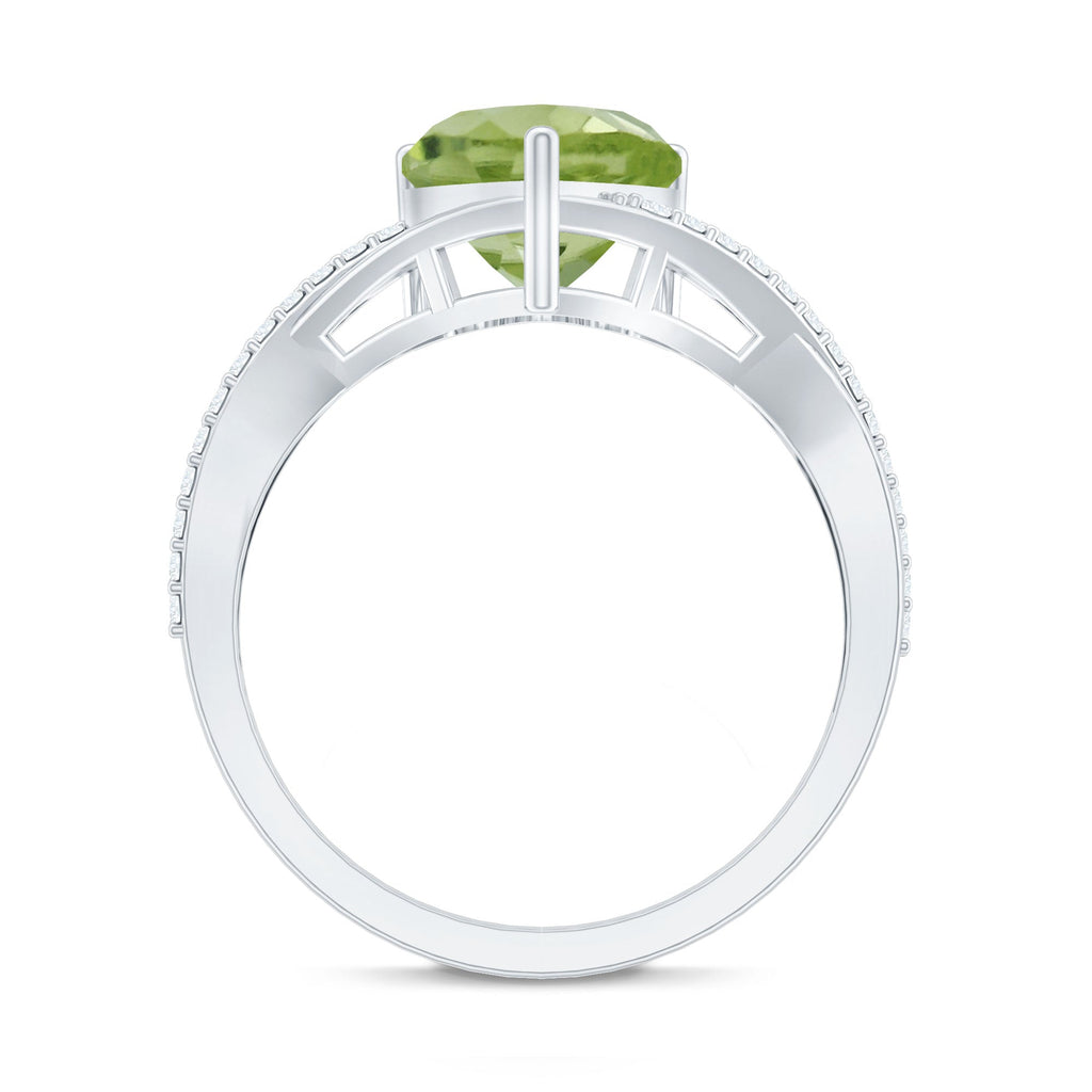 Natural 2 Carat Peridot Heart Engagement Ring with Diamond Crossover Shank