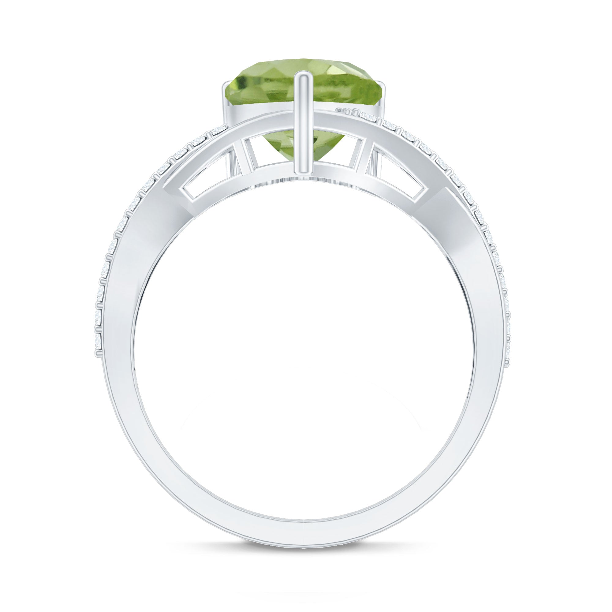 Natural 2 Carat Peridot Heart Engagement Ring with Diamond Crossover Shank
