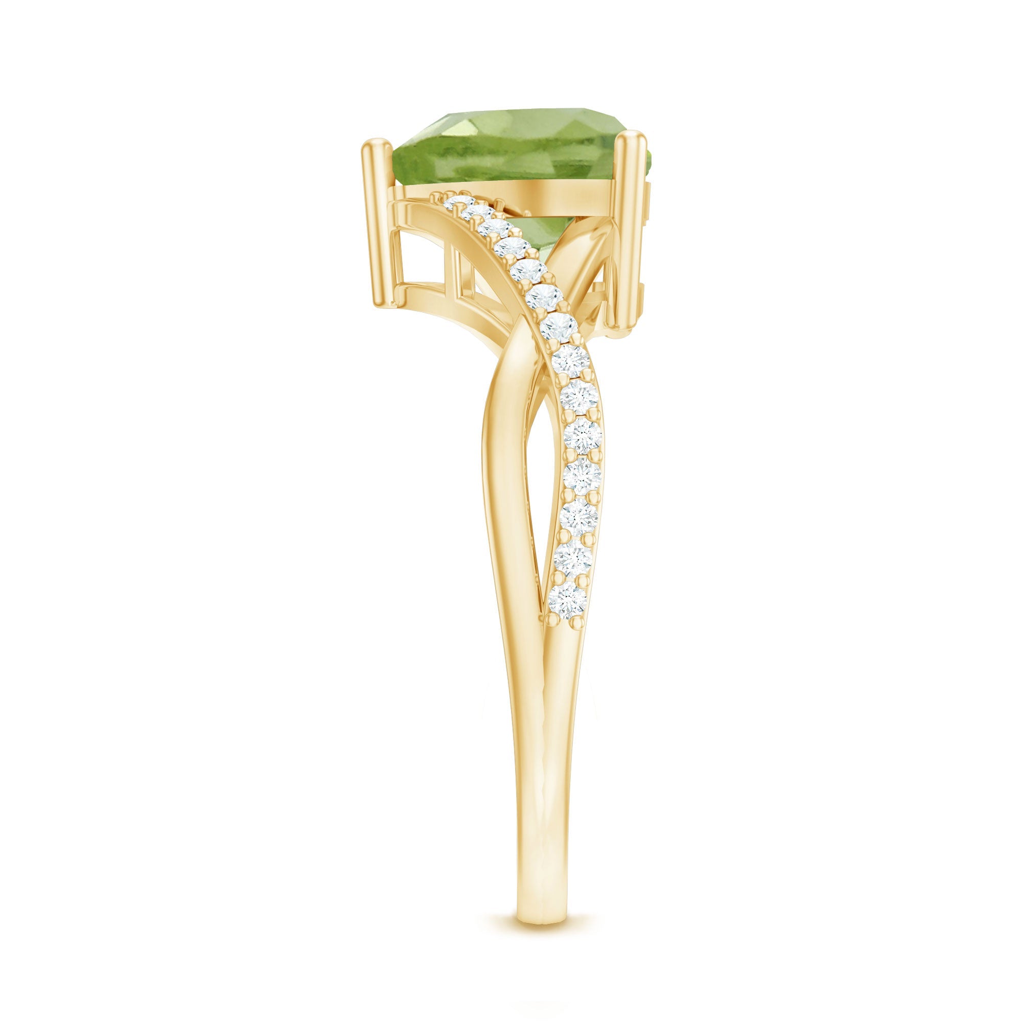 Natural 2 Carat Peridot Heart Engagement Ring with Diamond Crossover Shank