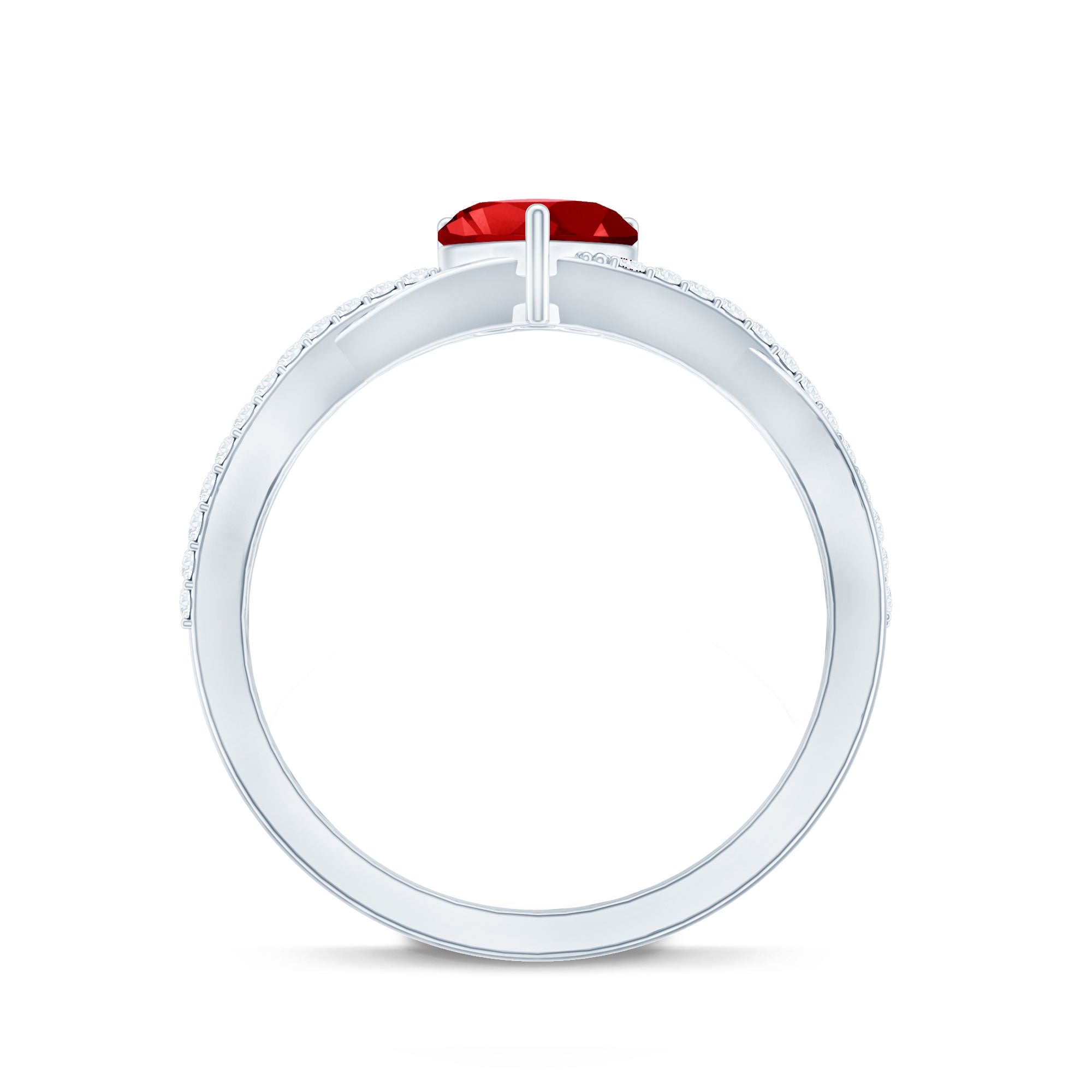 Lab Created Ruby and Diamond Heart Engagement Ring in Crossover Band