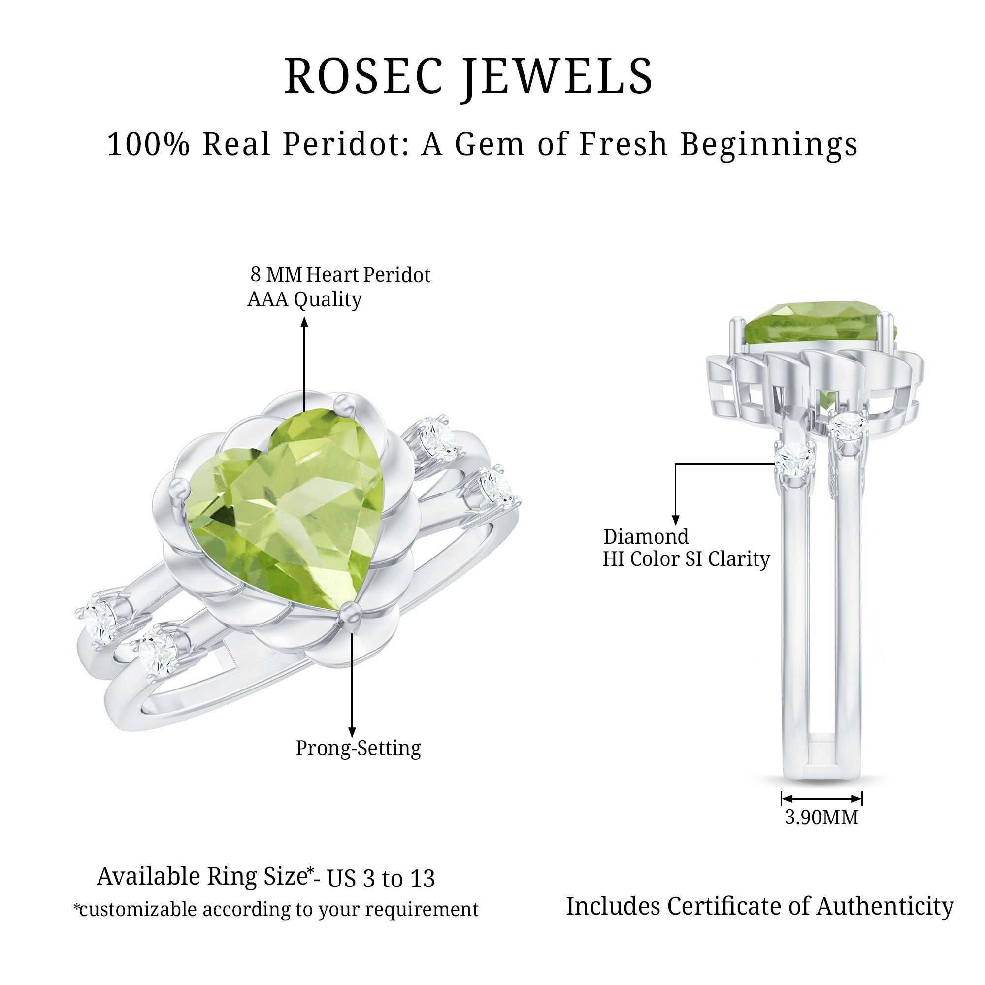 Heart Shape Peridot Solitaire Band Ring with Diamond Stones