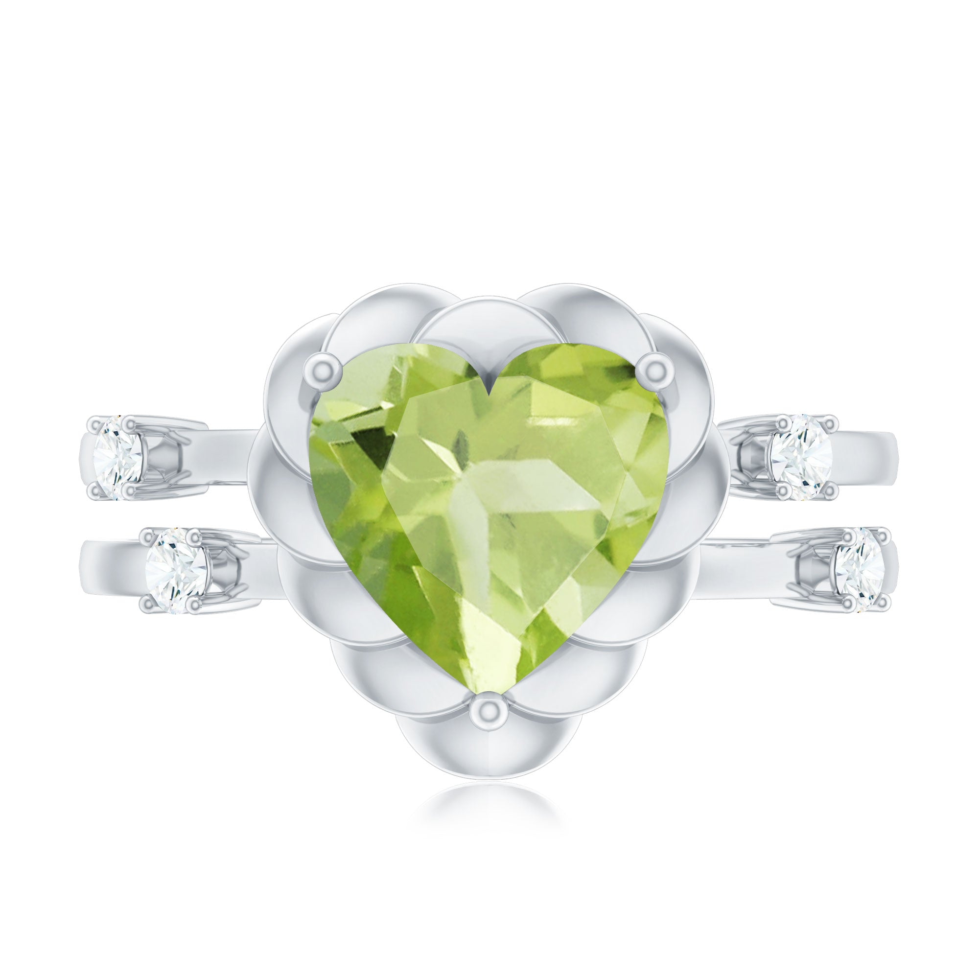 Heart Shape Peridot Solitaire Band Ring with Diamond Stones