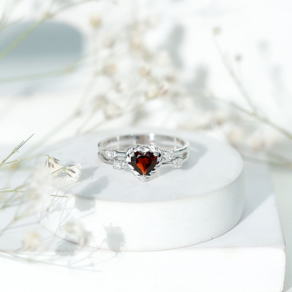 Natural Heart Shaped Garnet Diamond Double Band Engagement Ring