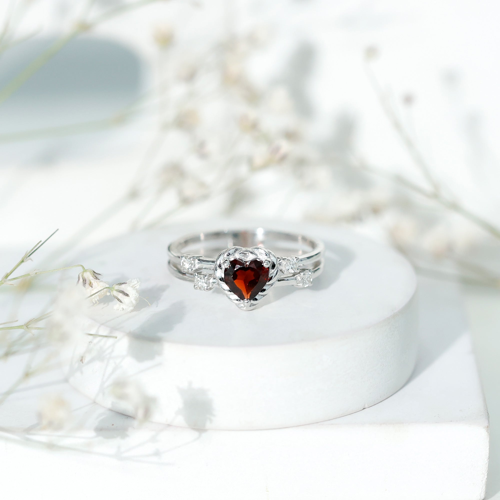 Natural Heart Shaped Garnet Diamond Double Band Engagement Ring