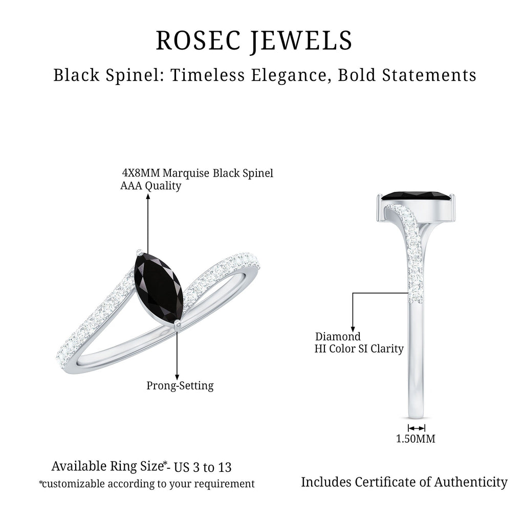 Real Marquise Black Spinel Promise Ring with Diamond Bypass Shank
