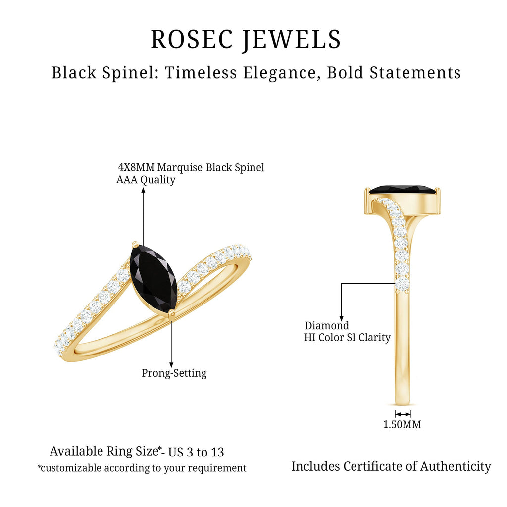 Real Marquise Black Spinel Promise Ring with Diamond Bypass Shank