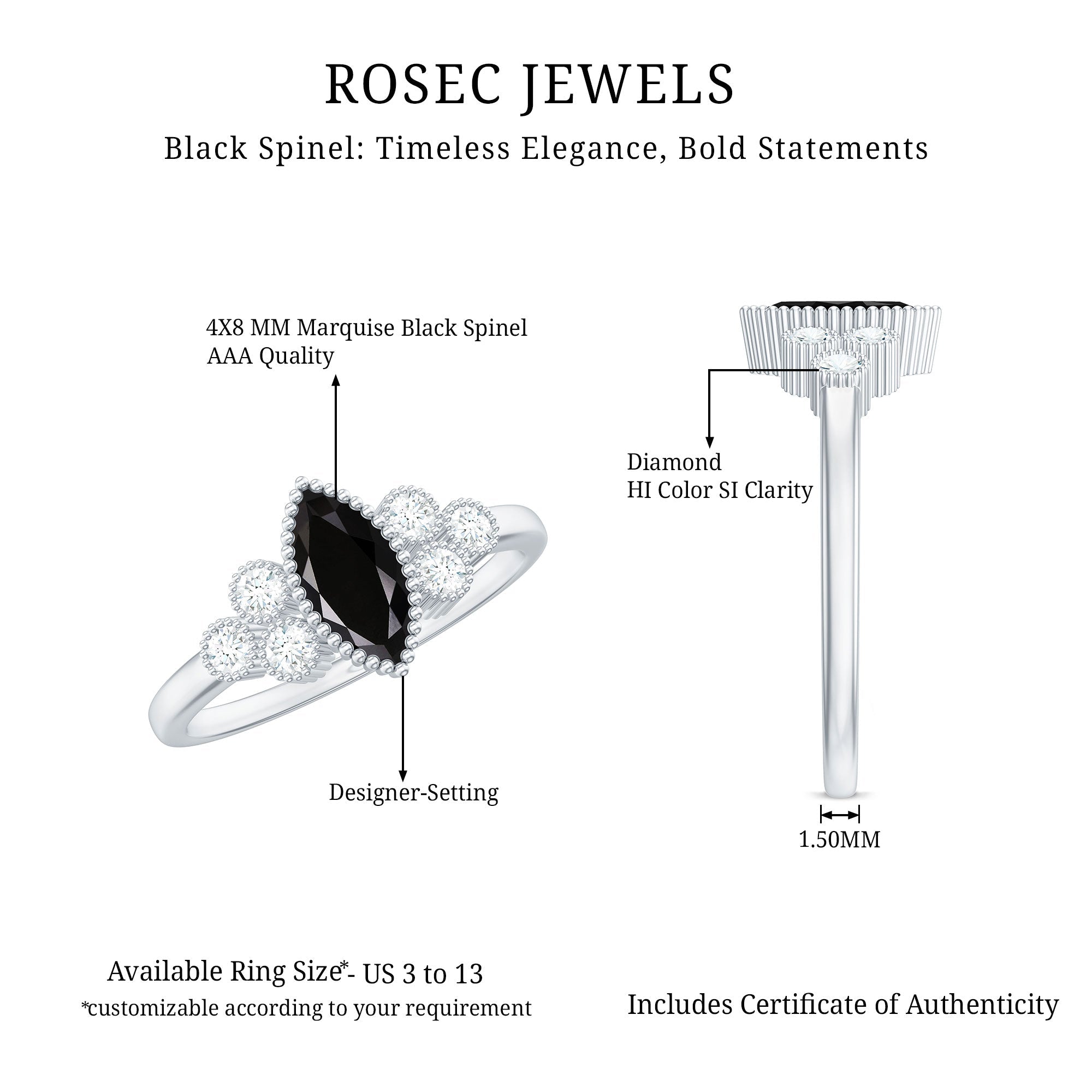 Natural Marquise Black Spinel Engagement Ring with Diamond Trio